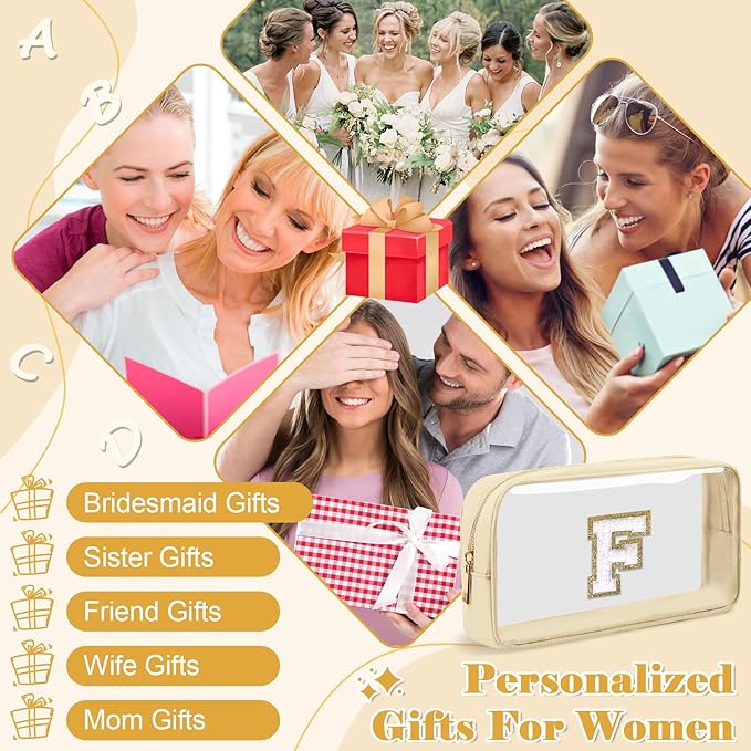 Personalized Initial Letter Clear Makeup Bag,Preppy Small Nylon&PVC Cosmetic Zipper Bag with Chenille Letter,Portable Beach Travel Skincare Toiletry Bag,Trendy Monogram Gift for Teen Girls Women,F