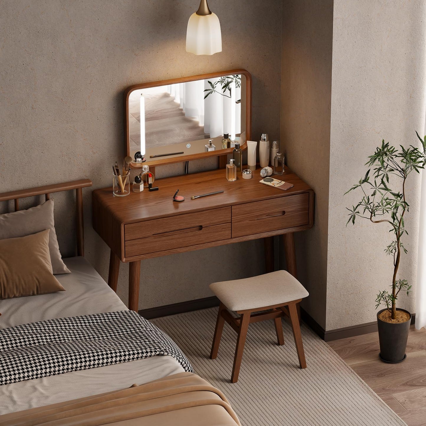 DONGMUWUJEE Solid Wood Vanity with Mirror and Lights, Adjustable Brightness, Wood Makeup Vanity with 3 Drawers, Semi-Assembled, Vanity Desk for Bedroom (Walnut)