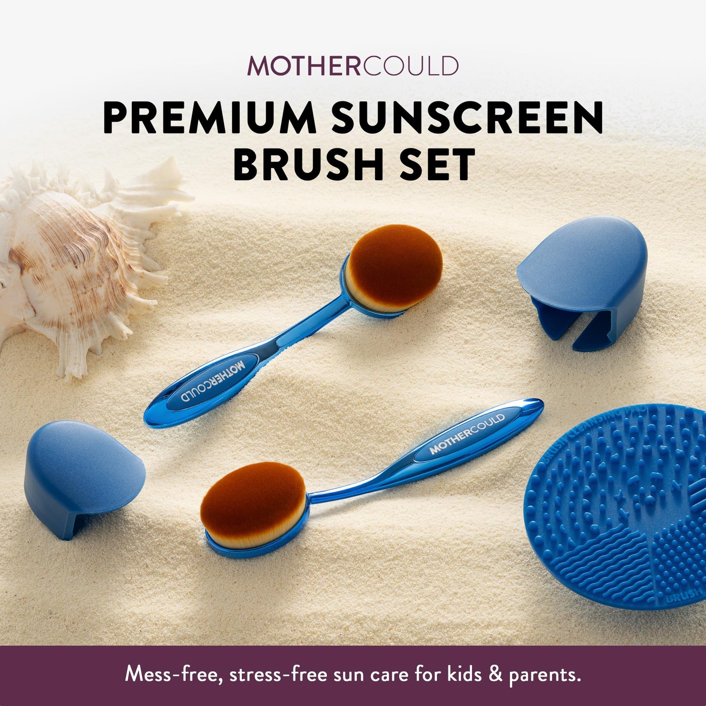Mothercould Premium Sunscreen Brush Set Kids & Baby Sunblock Applicator with Metal Handles, Travel Bag, 2 Brushes, 2 Caps, & Cleaning Mat Mess-Free Sun Care (2 Pack) (Blue)
