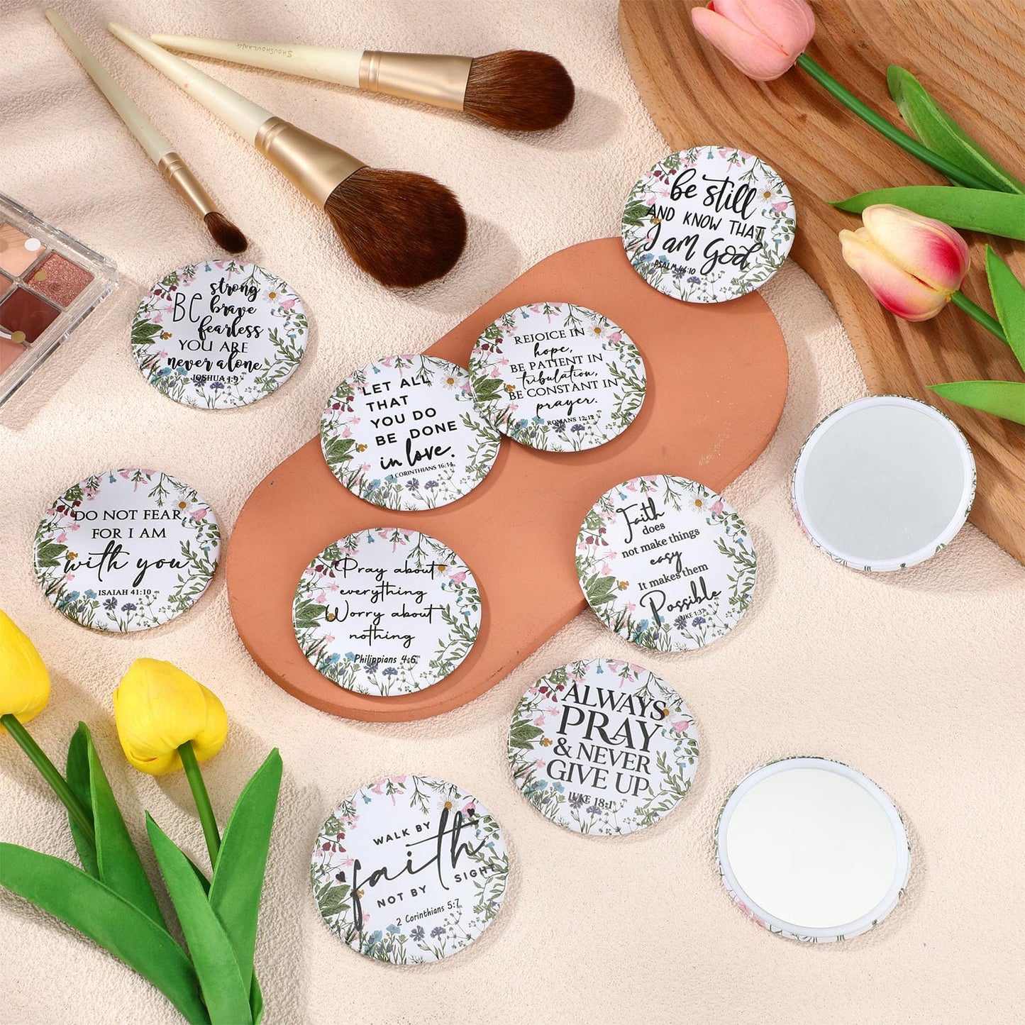 GlikCeil 40 Pcs Christian Compact Mirrors Bulk for Women Wildflower Inspirational Bible Verse Pocket Mini Purse Mirrors Christian Church Gift for Women VBS Church Party Favors