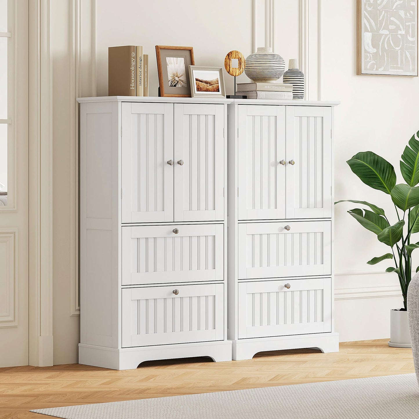 Treocho Bathroom Floor Cabinet, Bathroom Storage Cabinet with Drawers and Adjustable Shelf, Freestanding Cupboard Pantry for Kitchen, Living Room, Dining Room, White