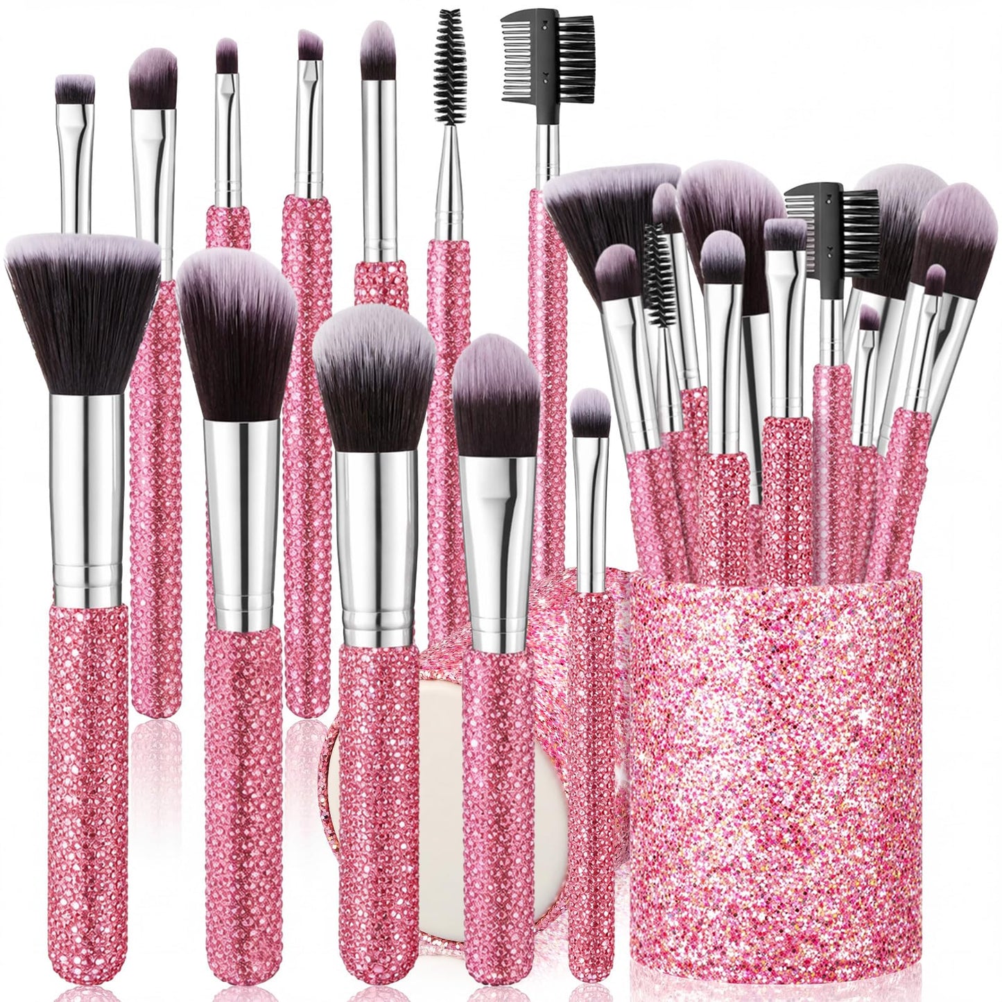 Nuogo Pink 13 Pcs Rhinestone Makeup Brushes Set 12 Bling Crystal Professional Face Cosmetics Blending Liquid Foundation Powder Concealer Eye Shadows Make up Beauty Tool Glitter with 1 Holder