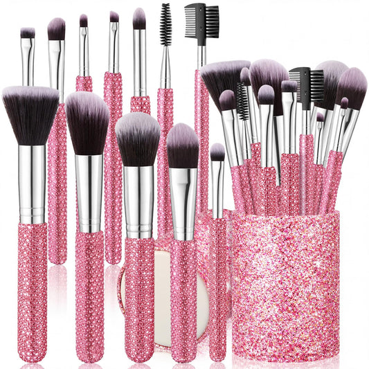 Nuogo Pink 13 Pcs Rhinestone Makeup Brushes Set 12 Bling Crystal Professional Face Cosmetics Blending Liquid Foundation Powder Concealer Eye Shadows Make up Beauty Tool Glitter with 1 Holder
