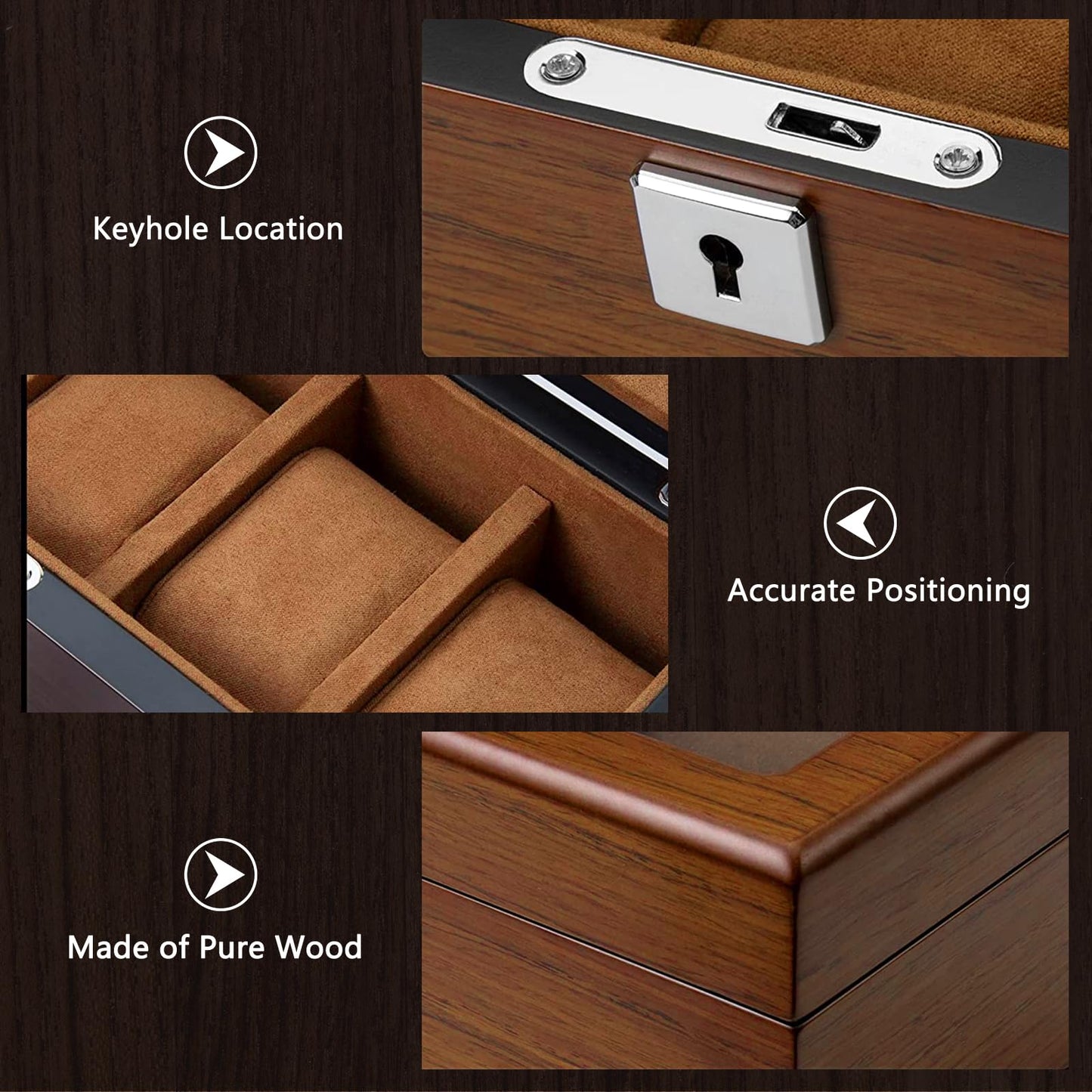 RoYiio 8 Slots Wood Watch Box for men, Watches Storage Box with Glass Lid & 8 Removable Velvet Pillow, Premium Watch Case Men Girls Father's Day Gift