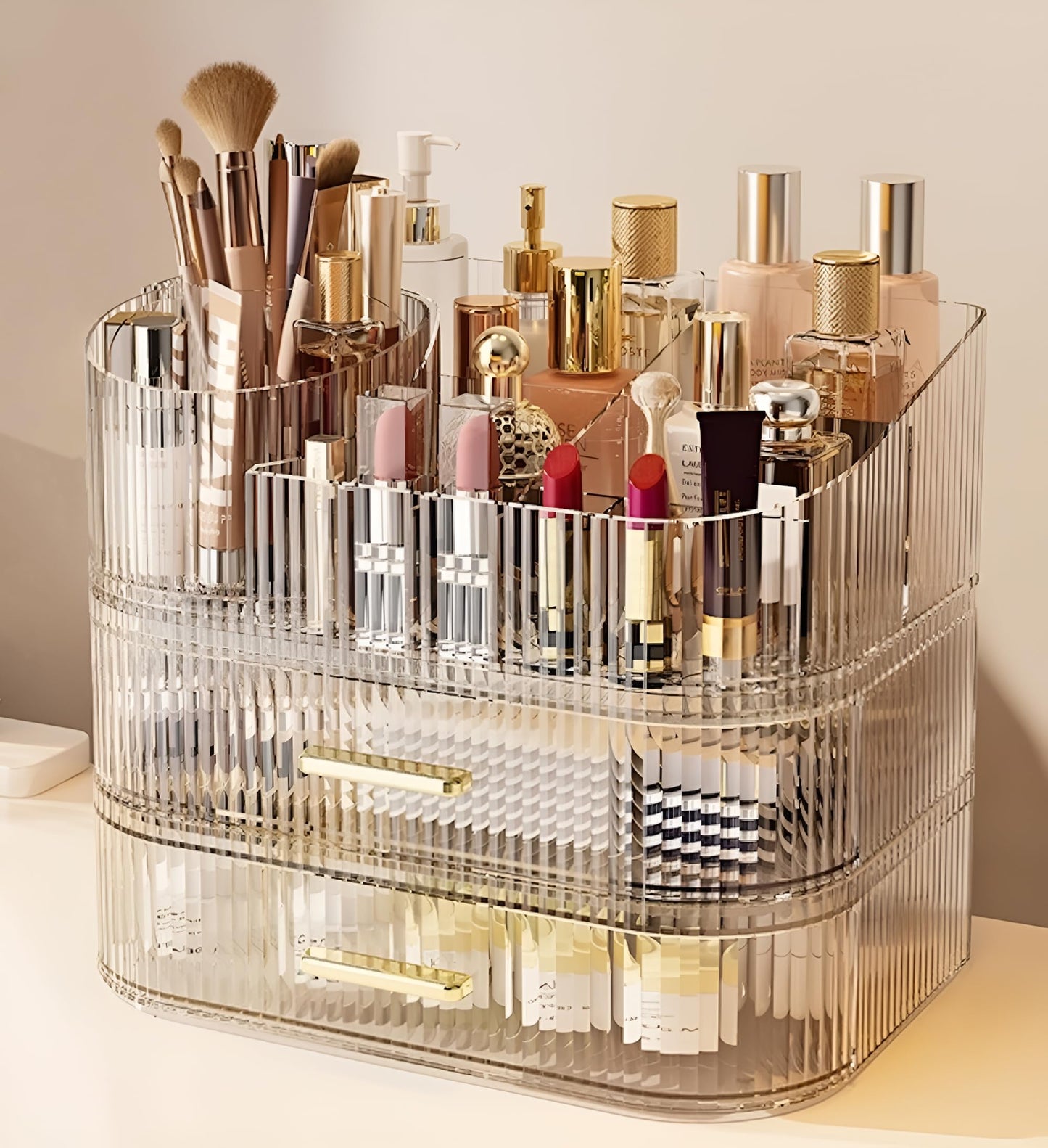 SpaceLuxe Large Makeup Organizer with Drawers, 360° Rotating Brush Holder