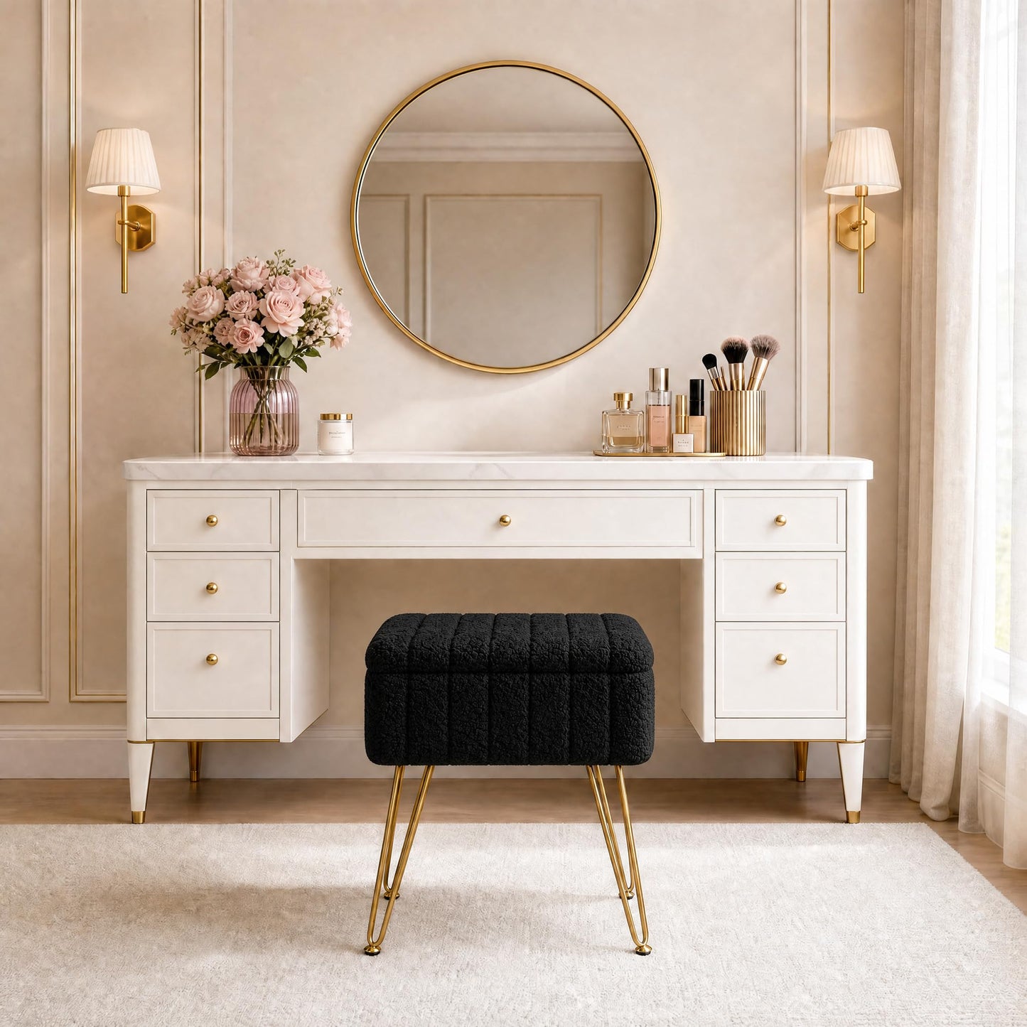Garvee Vanity Stool with Storage, Faux Fur Ottoman with Metal Legs and Anti-Slip Feet, 15.7 x 11.8 x 18.7 Inches Soft Furry Padded Seat Foot Rest for Makeup Bedroom Living Room