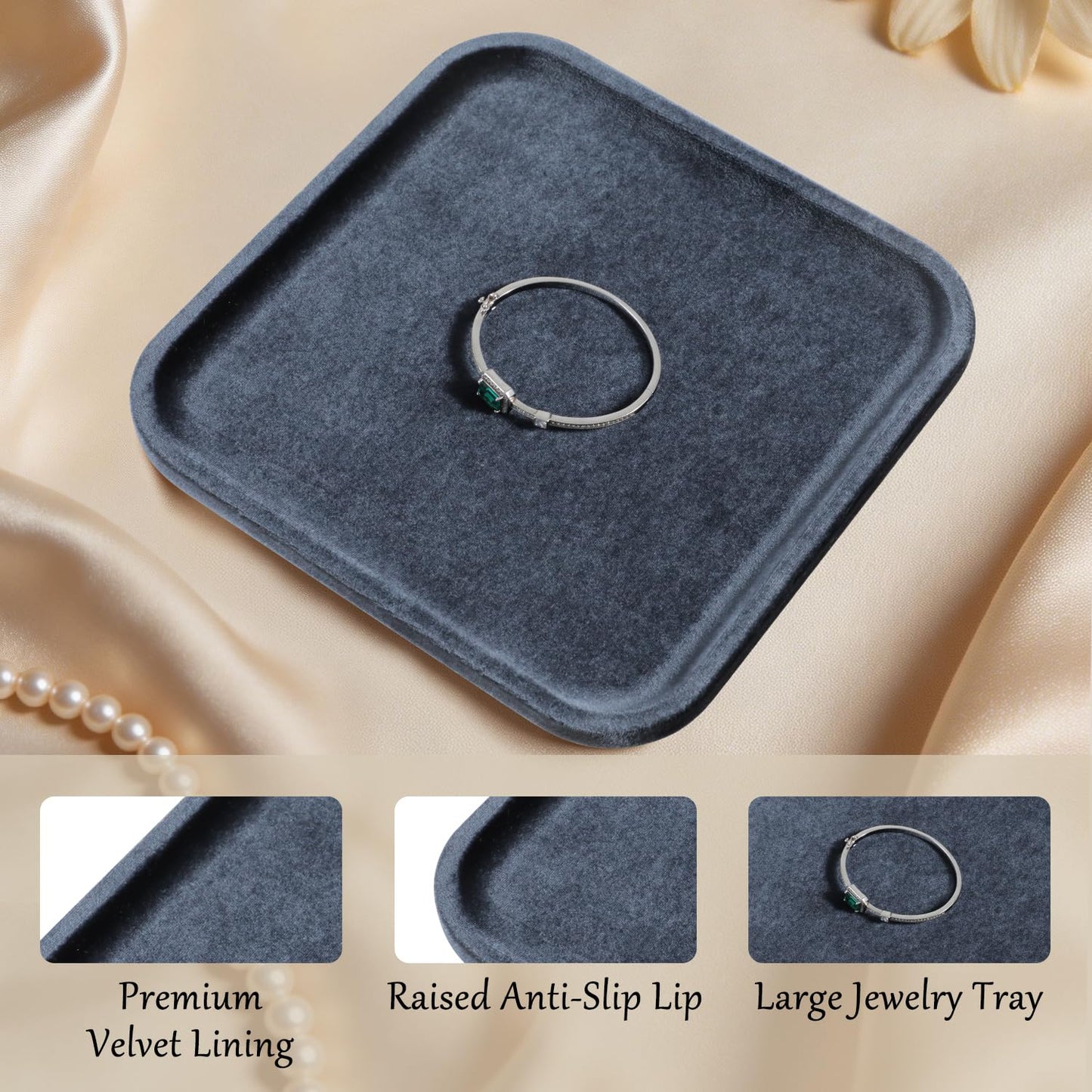 Dansmiy Resilient Velvet Jewelry Display Tray for Ring Earrings Bracelet Necklace, Flat Jewellery Dish for Showcase Store Retail Counter Exhibition Photography Livestream (Slate Gray, Large)
