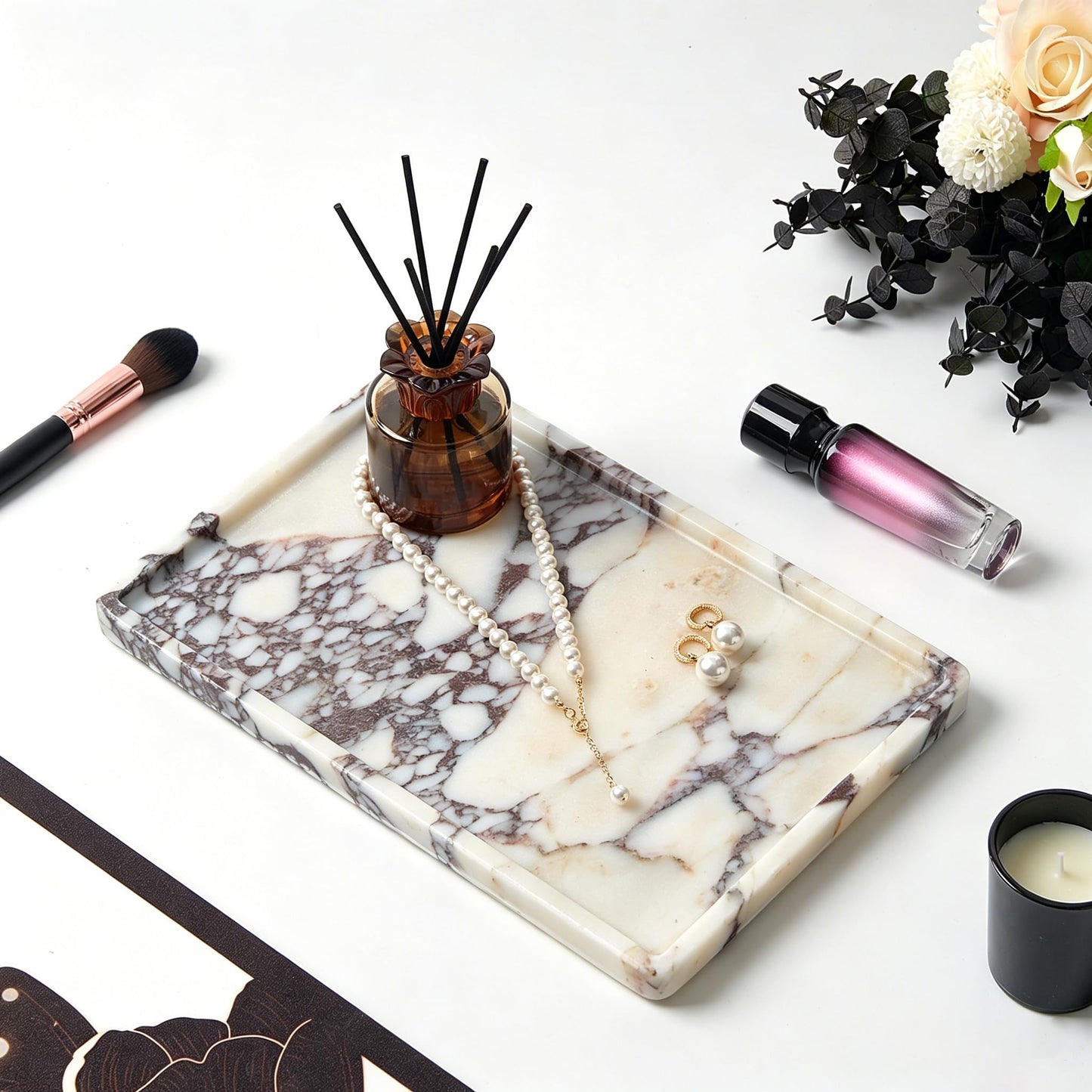 Luxury Natural Rectangle Marble Tray – 11.8 x 7.8-Inch Calacatta Viola Stone Vanity Tray, Large Catchall Organizer for Jewelry Perfume Keys, Decorative Tray for Bathroom Coffee Table & Dresser