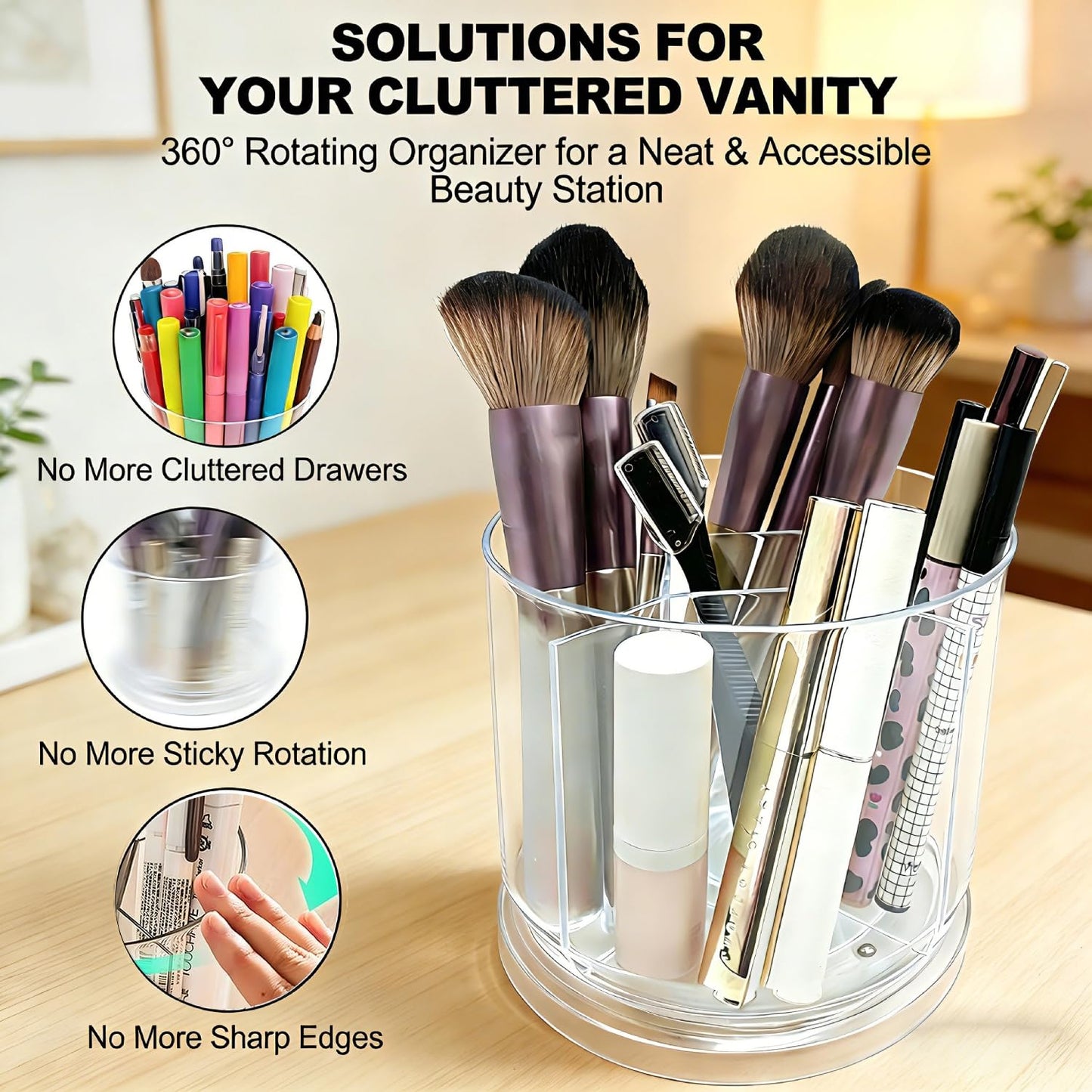 LOOENM Makeup Brush Holder 360 Rotating Makeup Brushes Organizer for Vanity, 5 Slots Makeup Organizers & Storage, Multi-Functional Pencil Pen Holder for Desk, Cosmetic Storage Container Cup (Clear)
