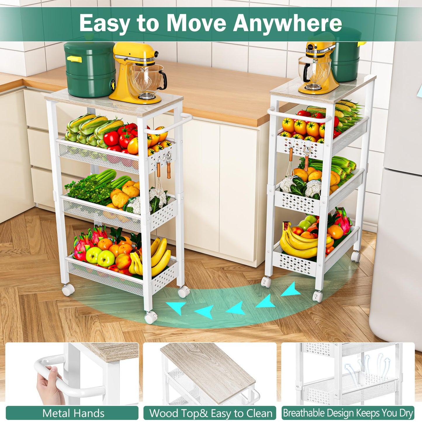 Vivihomety Utility Slim Storage Cart with Wheels, 4 Tier Small Rolling Cart with Wood Top, Metal Kitchen Bathroom Laundry Room Organization Trolley with Handle for Narrow Space - White