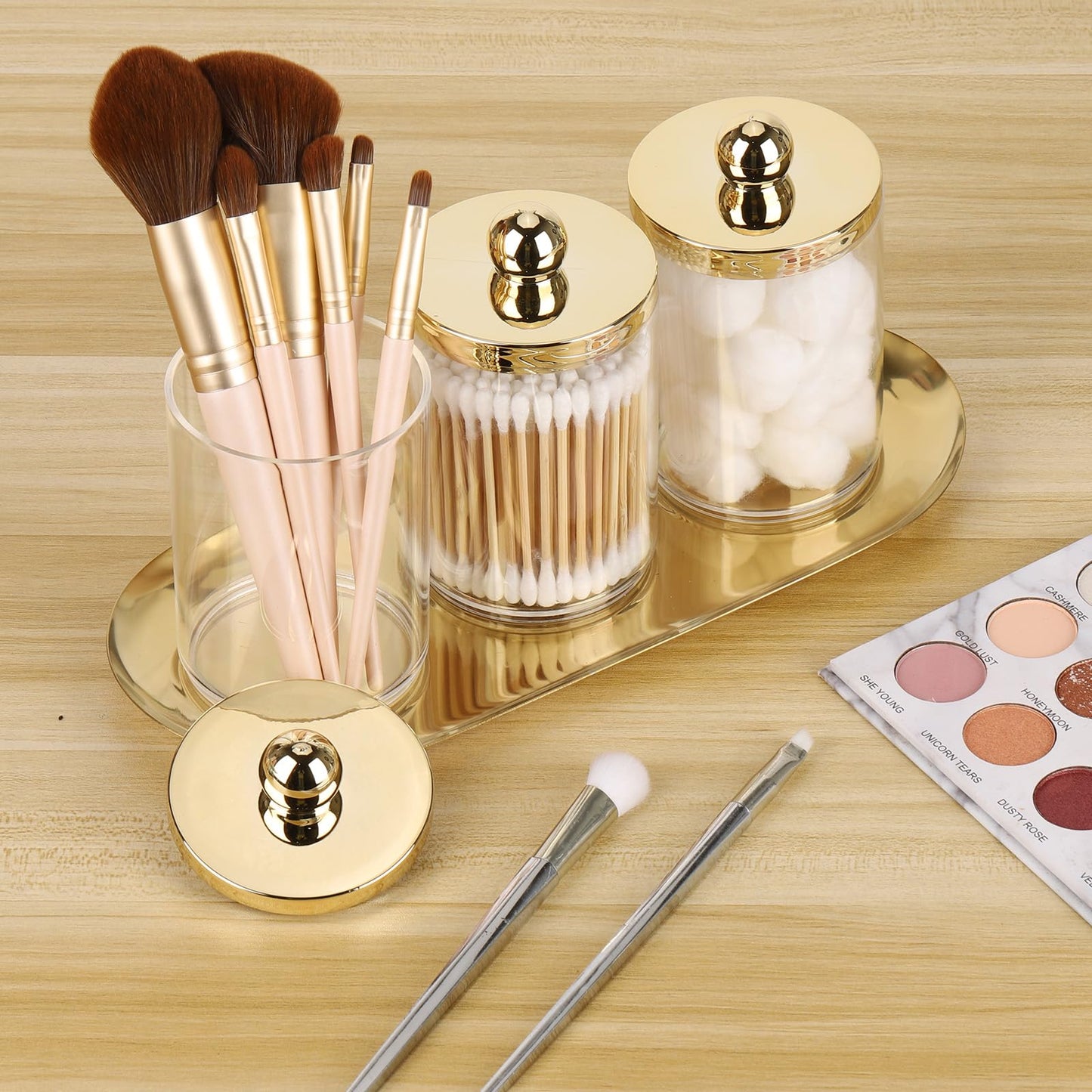 Tbestmax 3 Pack Qtips Holder with Gold Tray, 10oz Cotton Swab Ball Holder for Bathroom Essentials Accessories Decor Clear Plastic Canister Apothecary Jars