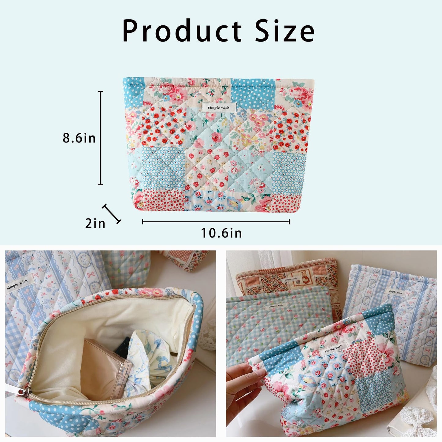 uekeboag Quilted Floral Cotton Makeup Pouch,Coquette Quilted Cosmetic Bag for Women and Girls, Aesthetic Organizer Bag, Flower Cute Travel Toiletry Bags(Checker Red Flower)