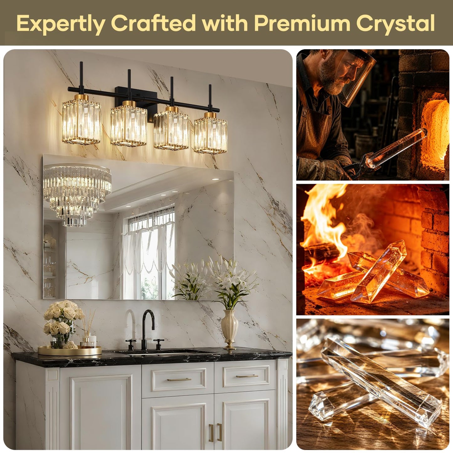 Torondo Modern Crystal Bathroom Vanity Light 4-Lights Gold Bathroom Light Fixtures Over Mirror Black and Gold Vanity Lighting Fixtures Gold Square Shade Brass Wall Sconce (Bulbs Not Include)