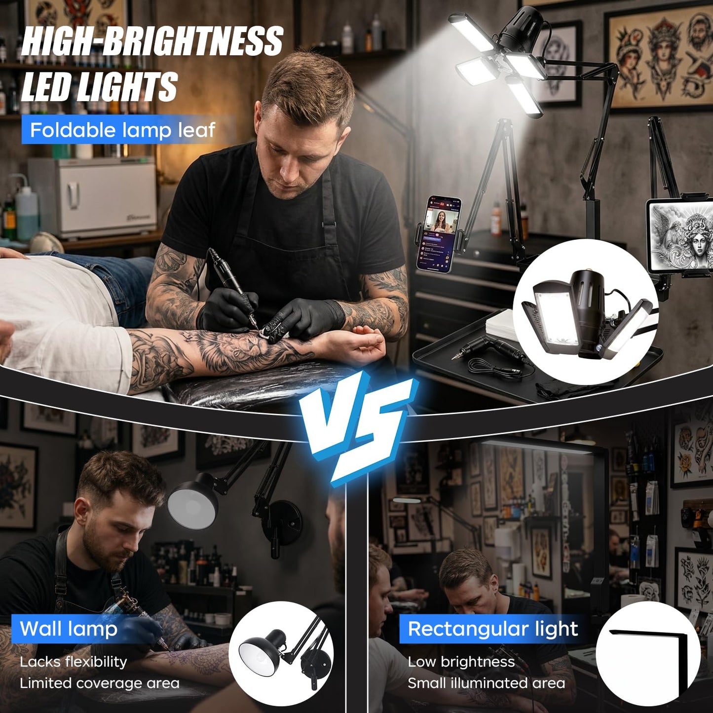Tattoo Workstation Cart with Wheels, Rolling Tattoo Tray Station with Ultra Bright 4-Leaf LED Light, Dual Adjustable Phone & Tablet Holders, Mobile Tattoo Equipment Stand for Tattoo Artists & Studios