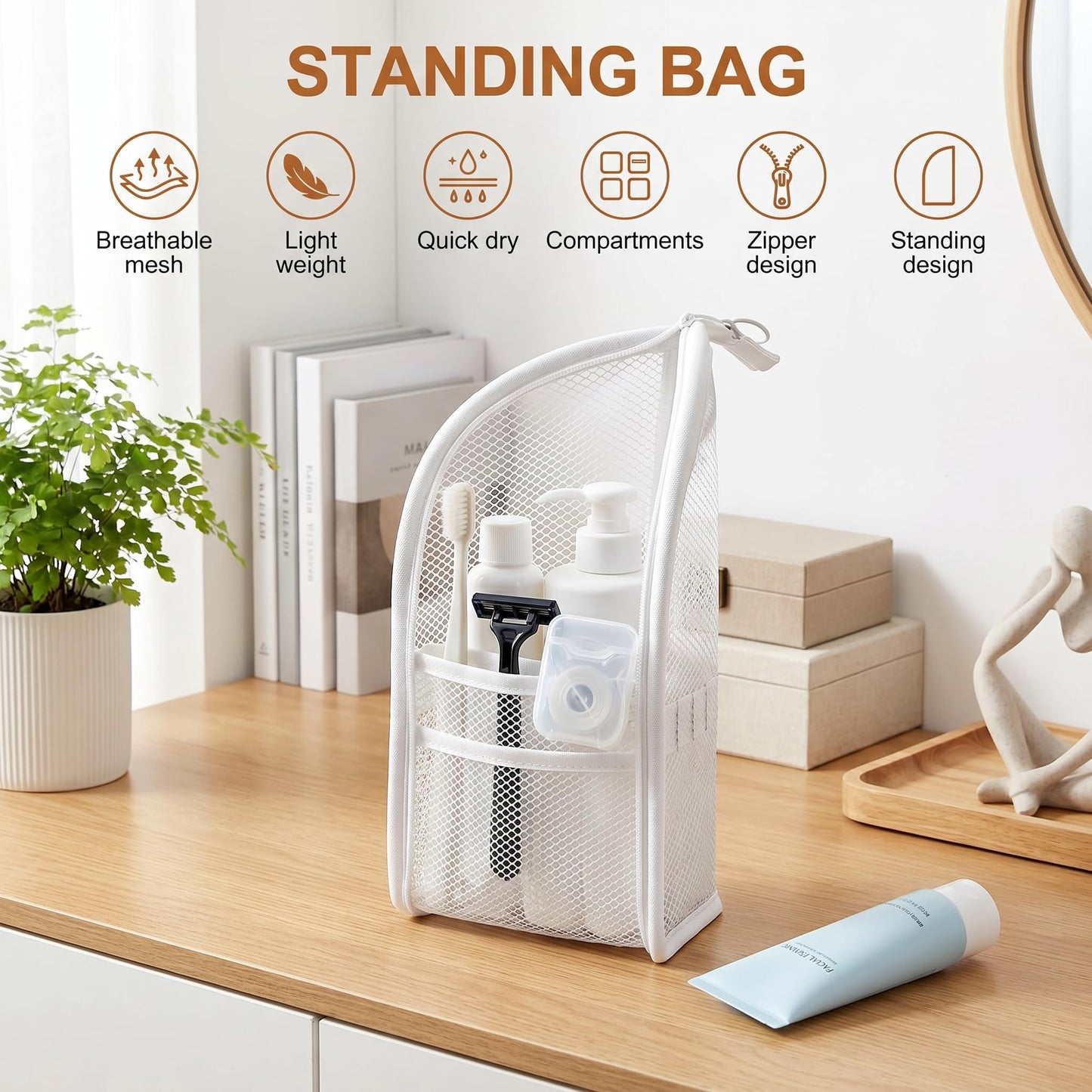 Standing Toiletry Bag,Portable Foldable Hanging Travel Organizer with Zipper and Loop,Mesh Large Capacity Cosmetic Waterproof Bag for Bathroom,Suitcase Packing,Toiletries,Makeup,Skincare (1PC-Black)