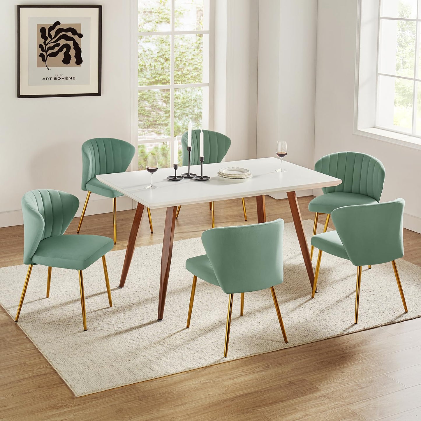 HULALA HOME Velvet Dining Chairs, Modern Small Armless Accent Chair with Gold Metal Legs, Living Room Upholstered Cute Side Chair, Elegant Tufted Back Vanity Chair for Bedroom/Beauty Room-SAGE