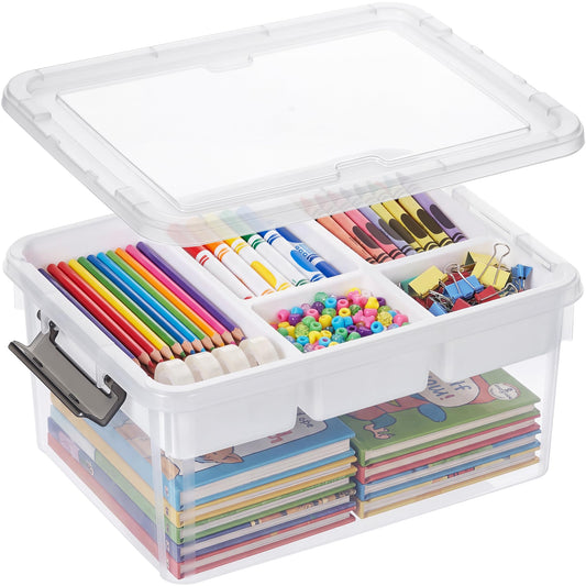 Bienvoun 17 QT Clear Craft Storage with 1 Removable Fixed-Compartment Tray, Craft Organizers and Storage for Painting, Coloring Book & Playdoh Supplies, 1 Pack