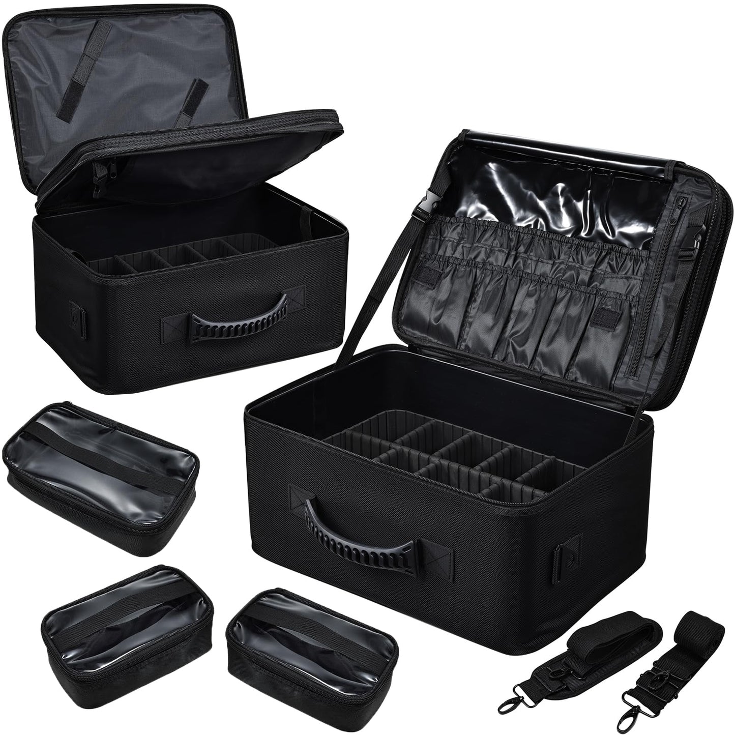Costravio Makeup Bag Organizer Large Makeup Case Backpack Professional 2 Layers Cosmetic Storage Organizer Brush Slot with 3 Clear Set Bags for Makeup Artists with Shoulder Strap Adjustable Dividers