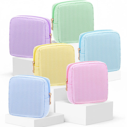 Sanwuta 6 Seersucker Cosmetic Bag Bulk Striped Makeup Bag for Women Aesthetic Cute Travel Toiletry Organizer Preppy Storage Pouch for Wedding Bridesmaid Mother's Day Teacher Gift (Small,Pastel Color)