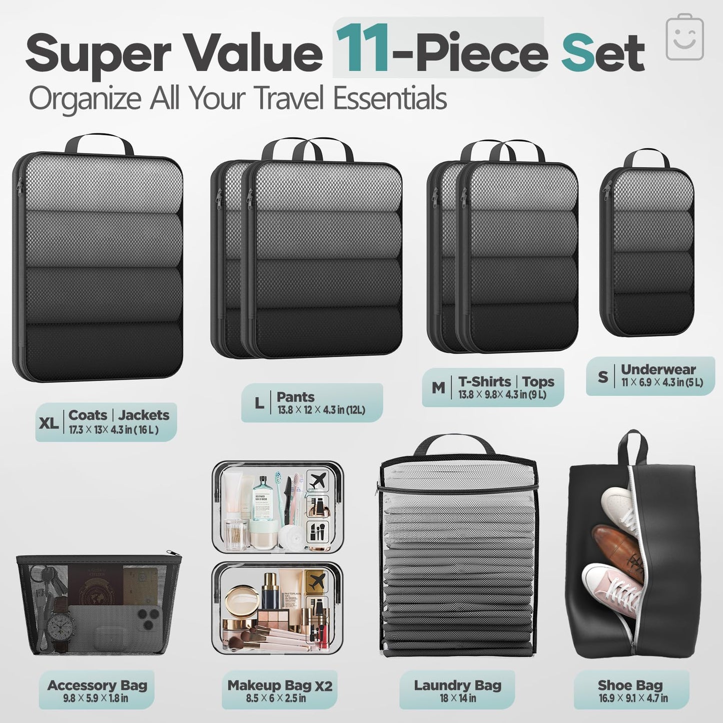 Veken 11-Pack Compression Packing Cubes for Travel Essentials,Compressible Expandable Large Luggage Suitcase Organizer Bags for Clothing,Durable Space Saver Bags with Toiletry Bags(Black)