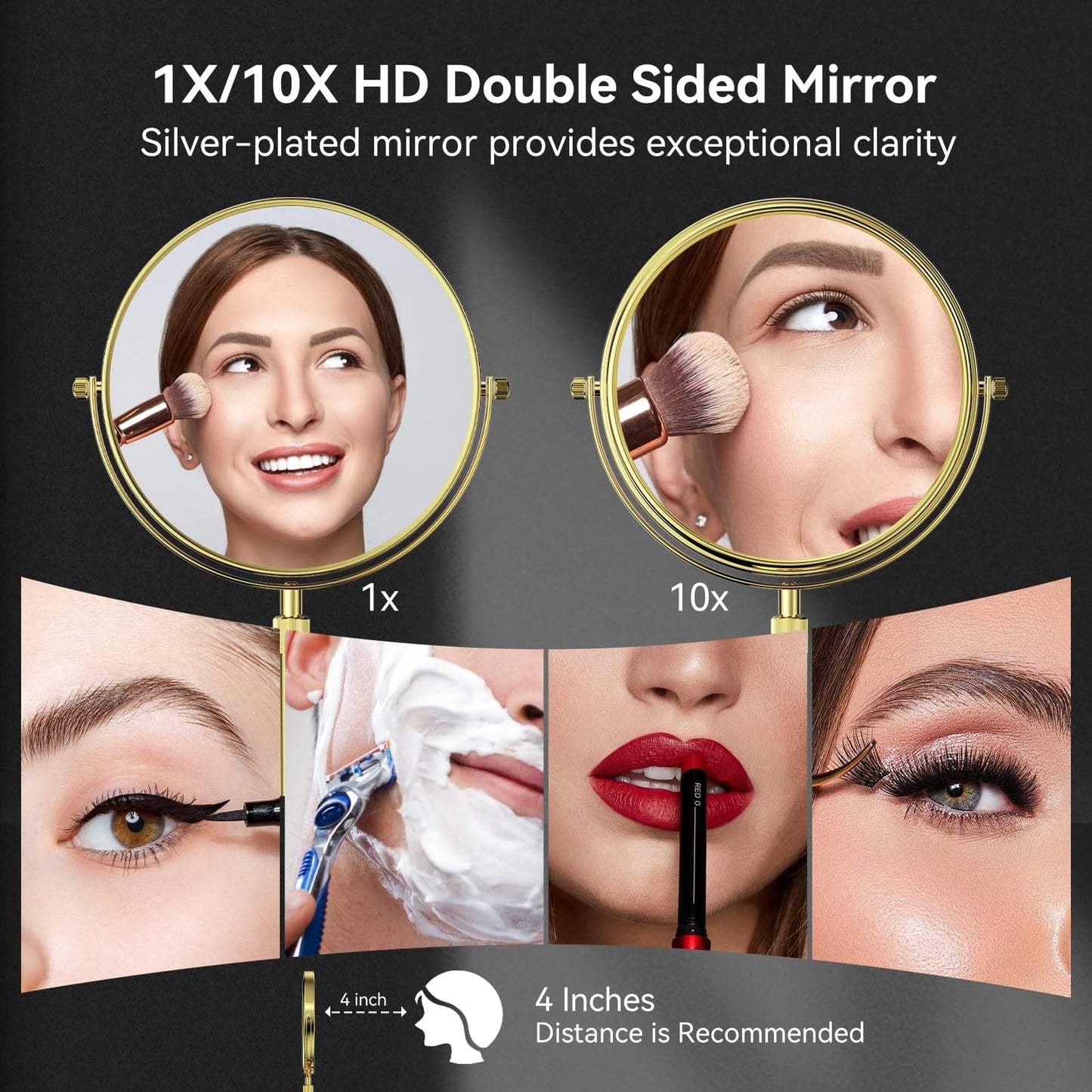 Nicesail Height Adjustable 15~19” Tall Table Mirror, 1X 10X Magnifying Mirror Double Sided for Makeup&Shaving, Desk Vanity Mirror Tabletop 360 Rotation of 8” Face, Bathroom Shiny Gold Makeup Mirror