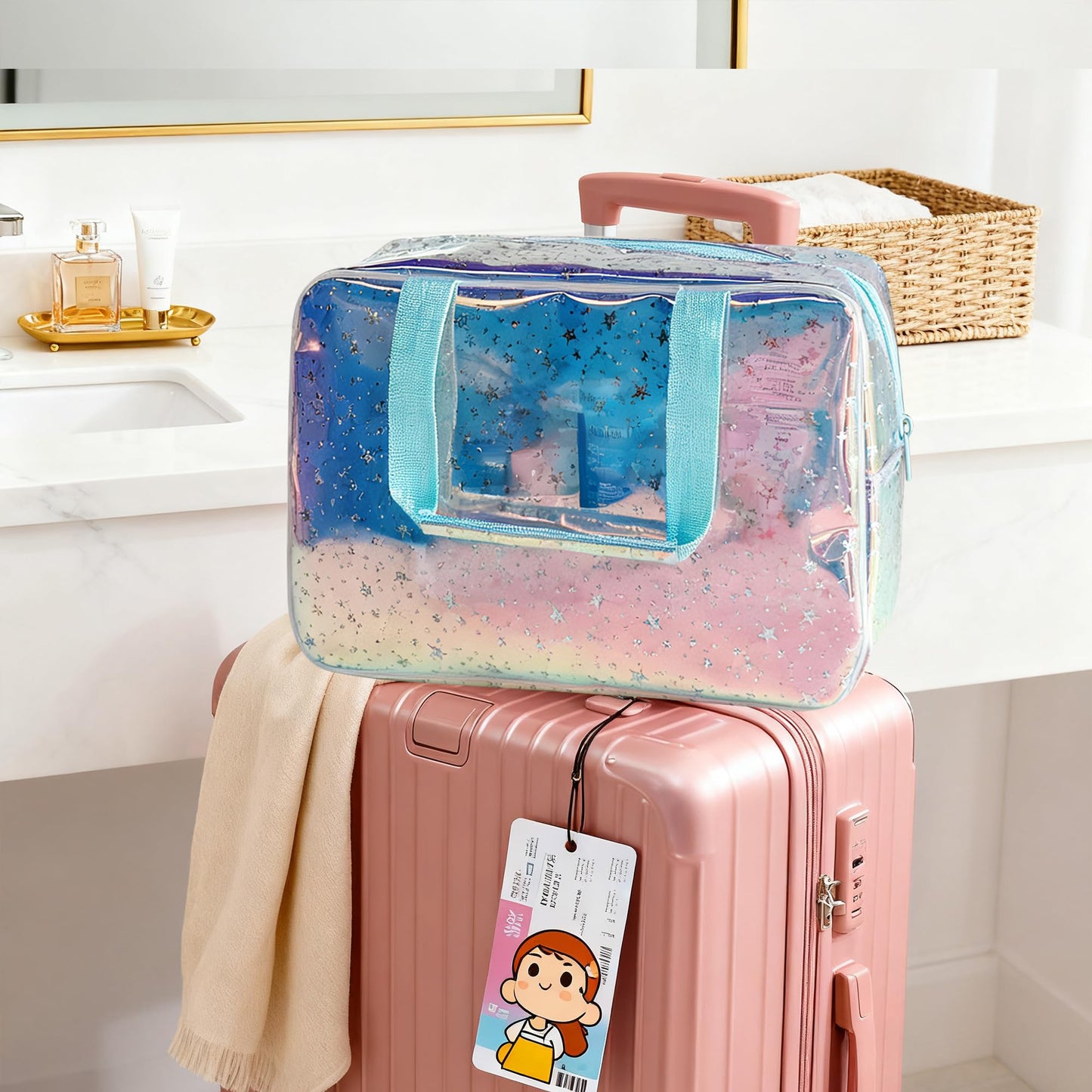 TotePrint Holographic Blue Clear Star Large Cosmetic Bag and TPU Travel Pouch with Handle,Durable Material,Zipper Design-Ideal for Makeup,Travel Essentials (Holographic Blue+Stars)