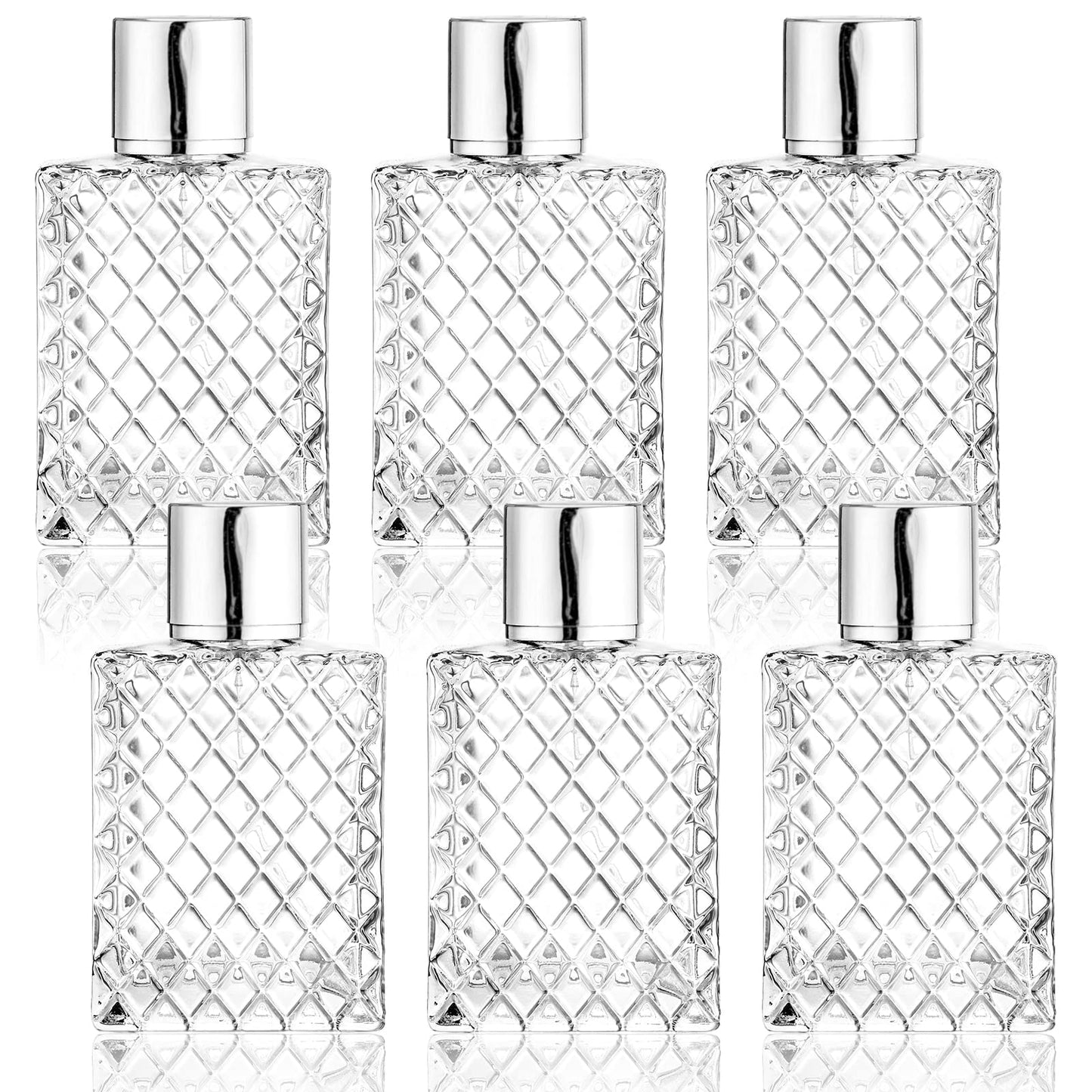 Lawei 6 Pack Refillable Spray Bottles Perfume Atomizer, 100ML 3.4oz Glass Empty Fine Mist Spray Bottle, Clear Portable Square Fragrance Dispenser Bottle with Sprayer for Travel, Silver