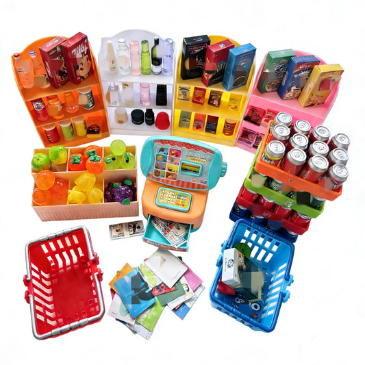 151Pcs Miniature Supermarket Shelves Furniture Model Food Drink Fruit Cosmetics Doll House Store Storage Bookshelf Accessories 3 Layers Shelf Display Rack Mini Locker Cash Register Cosplay Game Party