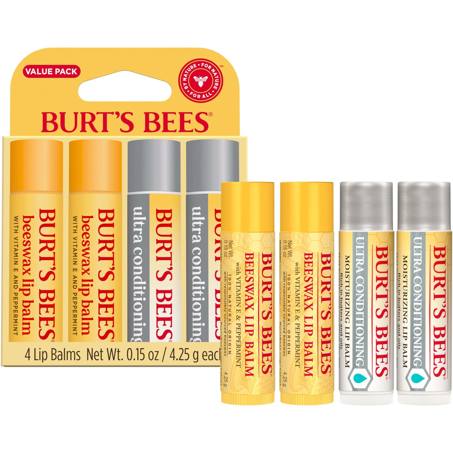 Burt's Bees Stocking Stuffers, Lip Balm Beeswax and Ultra Conditioning Lip Balm Pack, Hydrating Lip Moisturizer with Kokum and Shea Butter, Natural Origin Lip Care, 0.15 oz., Four Tubes