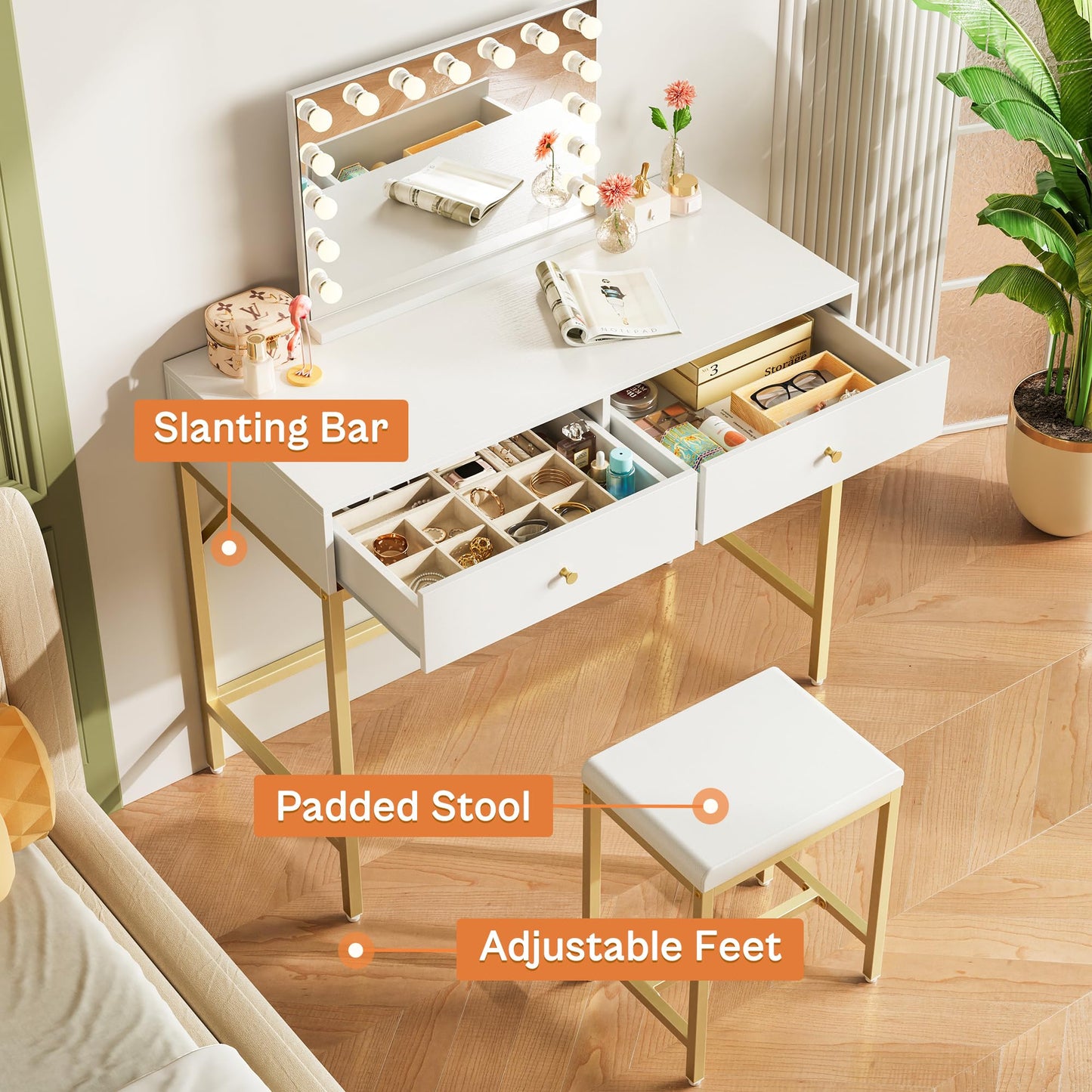 SUPERJARE 31.5" White and Gold Desk with 2 Drawers, Modern Makeup Vanity with Padded Stool, Small Computer Desk Home Office Desk for Writing Study Bedroom