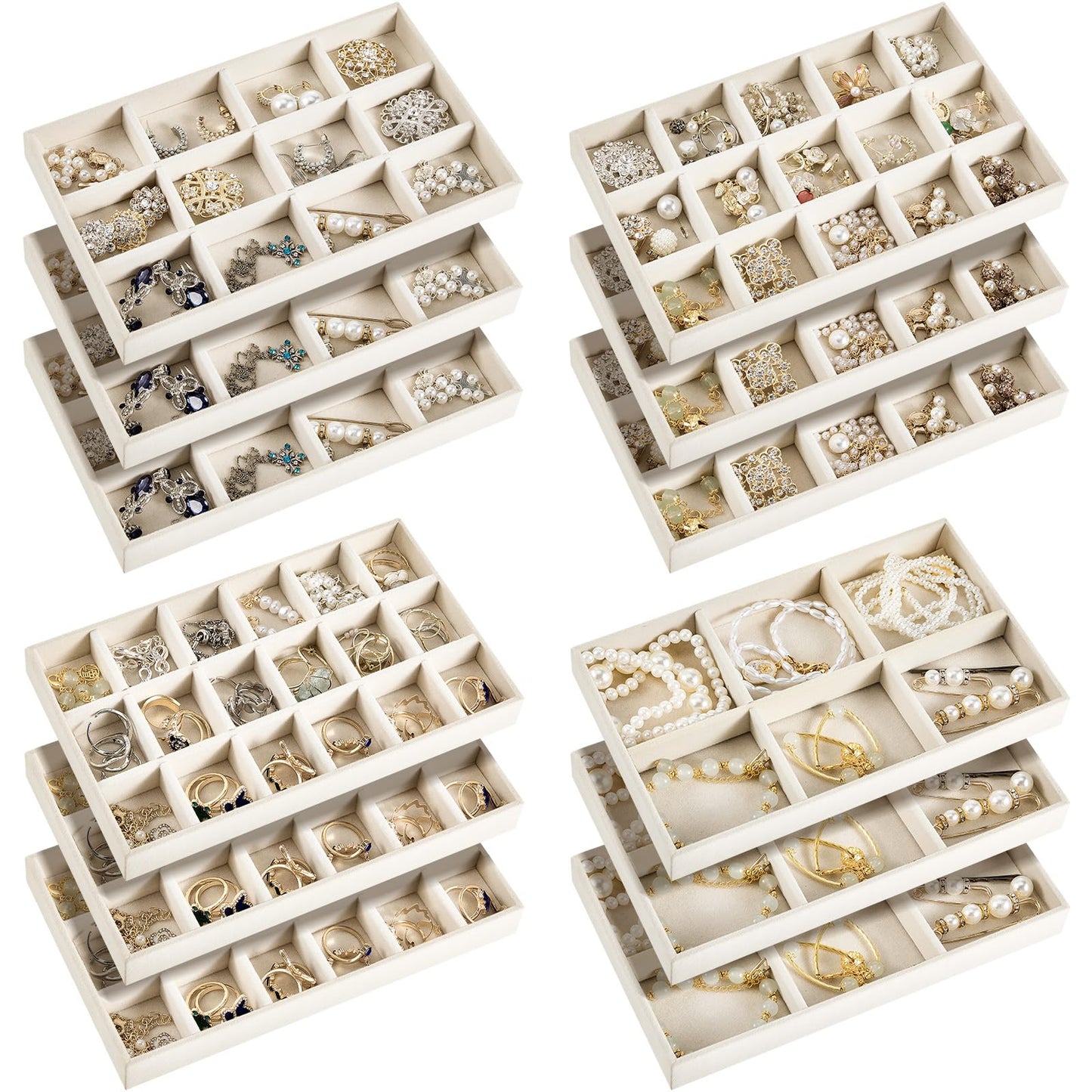 Junkin 12 Pcs Jewelry Tray Velvet Stackable Jewelry Organizer Trays Divided Earring Accessories Storage Containers Box(Beige)