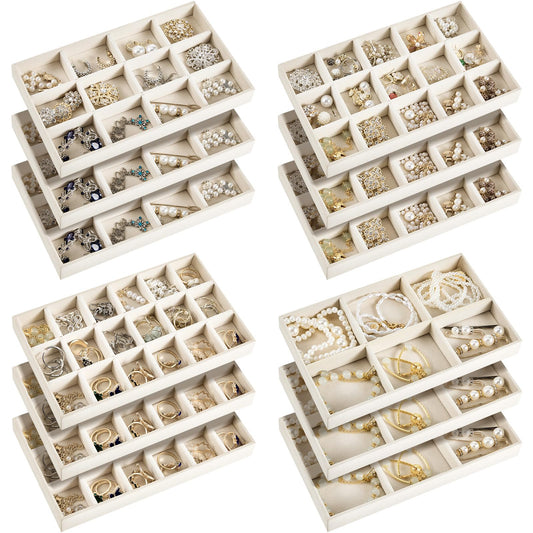Junkin 12 Pcs Jewelry Tray Velvet Stackable Jewelry Organizer Trays Divided Earring Accessories Storage Containers Box(Beige)