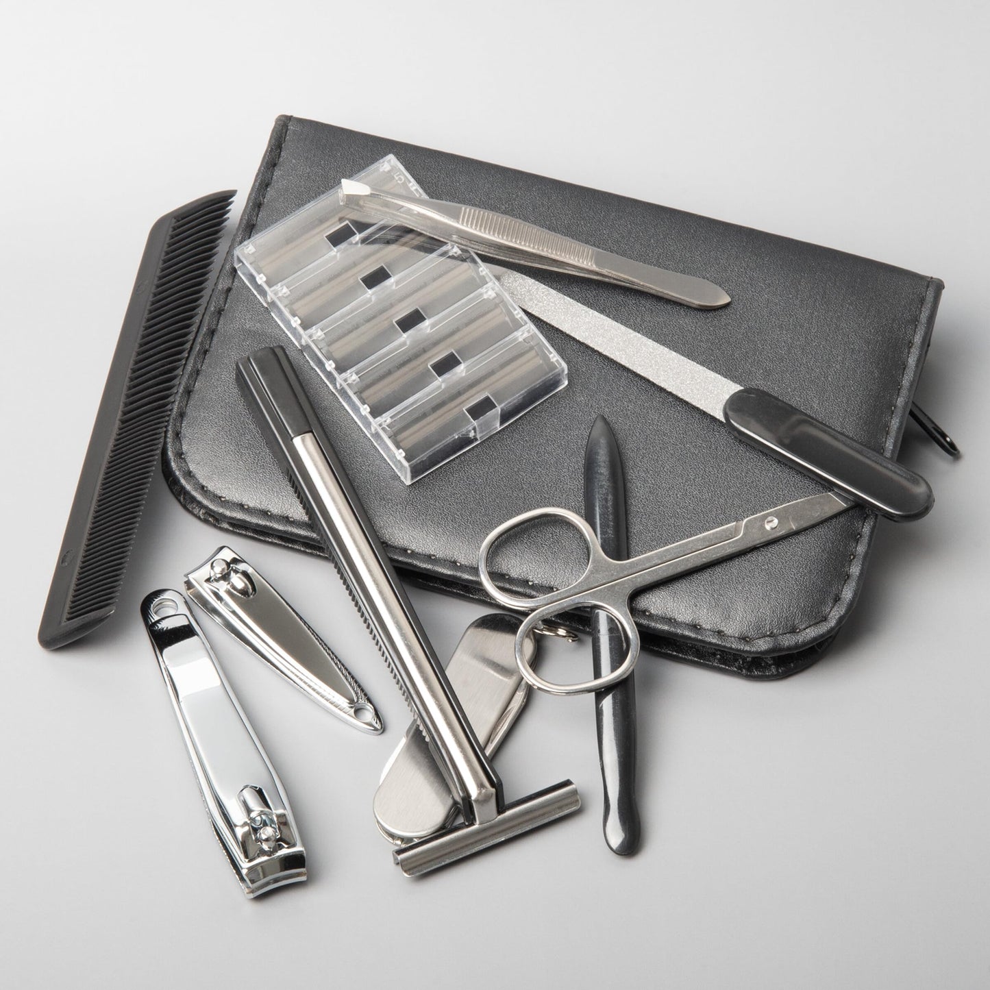 Trim Men Men's Essential Grooming Kit, Travel Set, Nail Clippers Fingernails & Toenails, Hair Styling Comb, Face Razor, Beard Trimming Scissors, On The Go Carrying Case, 14 Piece Set