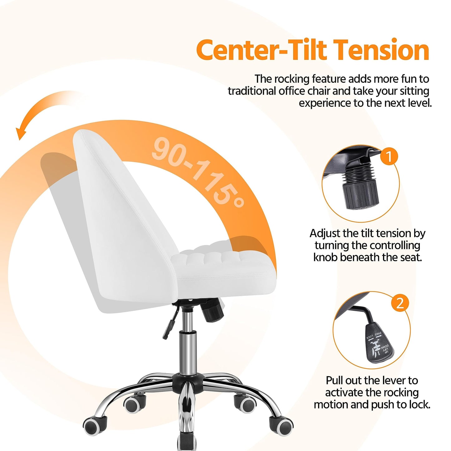 Yaheetech Mid Back PU Leather Armless Desk Office Chair, Modern Vanity Chair with Rolling Wheels, Metal Base White