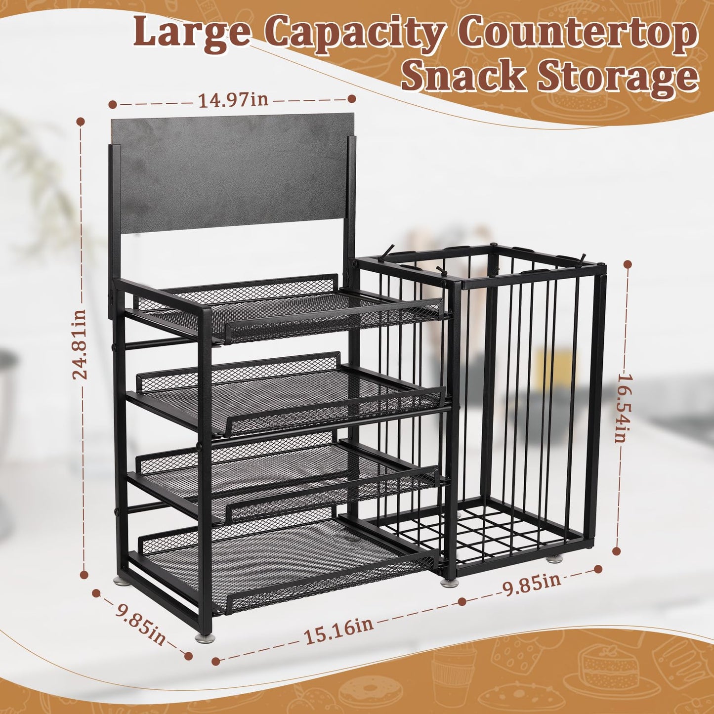 Bfttlity 4-Tier Snack Organizer for Countertop, Metal Candy Display Rack with Pull-Out Shelf, Chips Snack Display Holder for Counter with Baskets Frame for Kitchen Office Store Retail Display