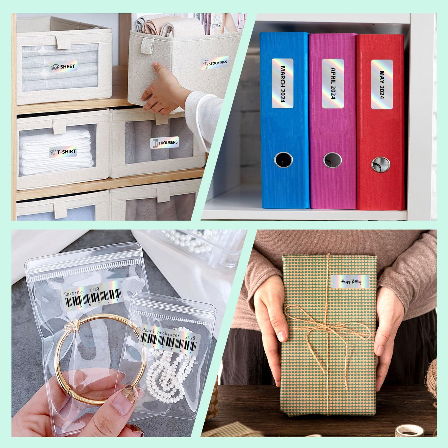 PARLAIM Label Maker Tape,Thermal Label 1/2" x11/2 640 Labels/4Rolls,Thermal Sticker Compatible with D30 Label Printer,Self-Adhesive Label Tape for for Home Office Small Business Holographic Silver