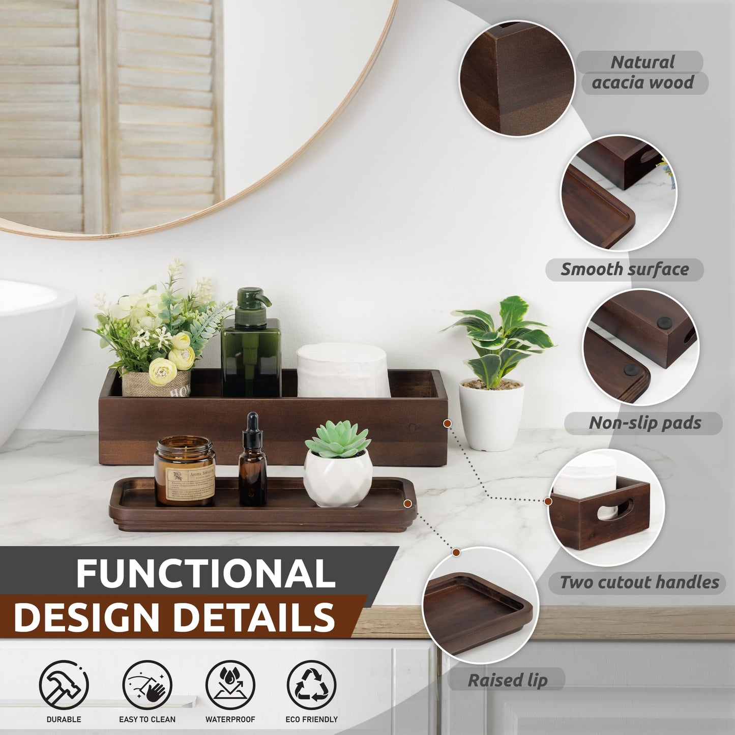 Handmade Toilet Tank Basket Topper & Vanity Tray Set of Natural Acacia Wood by DEMIGO, Created by Skilled Artisans, Smooth, Durable, Attractive Decor for Bathroom, Kitchen, Home, Spa (Dark Brown)