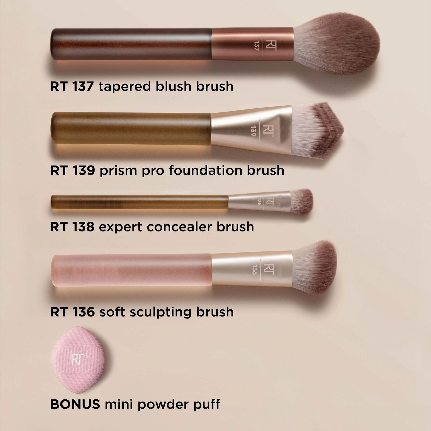 Real Techniques New Nudes Blurred Base Kit, 5 Piece Face Makeup Brush Set with Powder Puff, for Foundation, Concealer, Blush, Contour & Powder Blending, Soft Bristles, Cruelty-Free