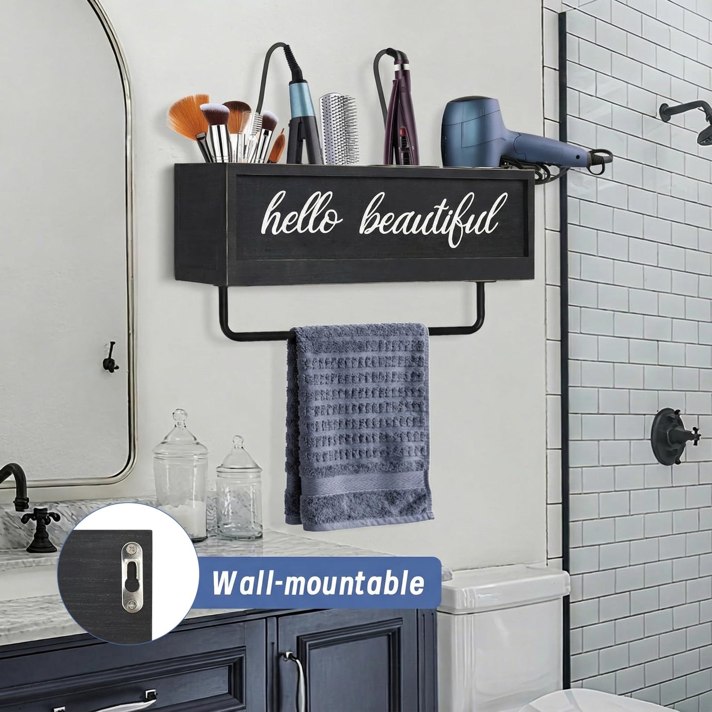 CusUnik Hair Dryer Holder Wall Mounted, Hair Tools and Styling Organizer with Towel Bar, Farmhouse Beauty Hair Appliance Holder for Flat Iron, Curling Wand, Towel Rack (Black)