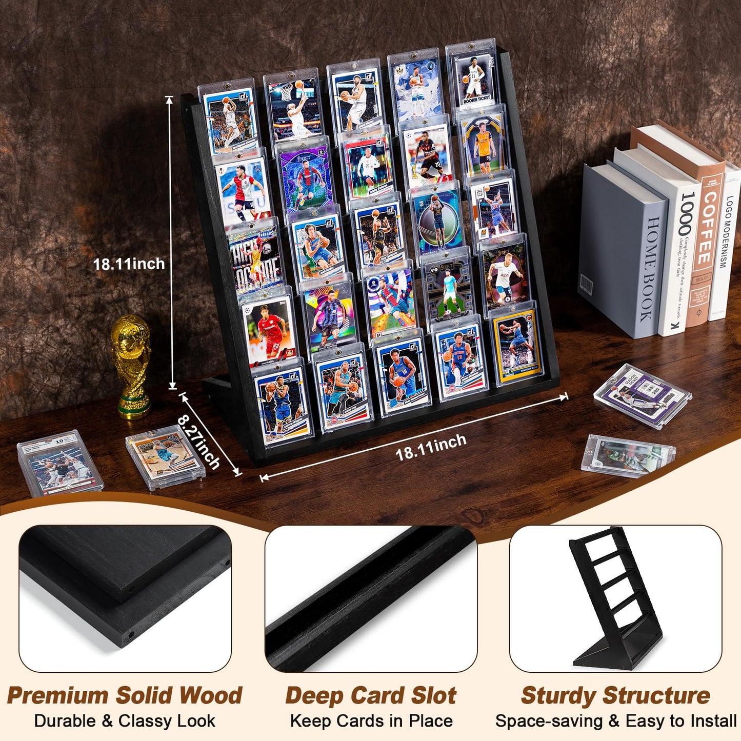 Emfogo Trading Card Display Stand, 5 Tier Sports Graded Card Display, Wooden Trading Card Display Stand for Sports Card Collection & Show, Black