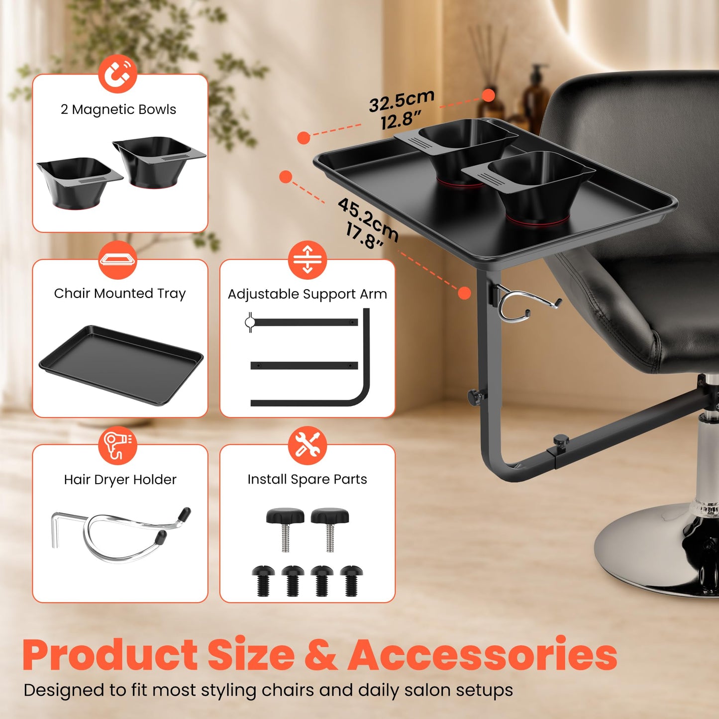 TASALON Chair Mounted Hair Tray with Bowls and Dryer Holder