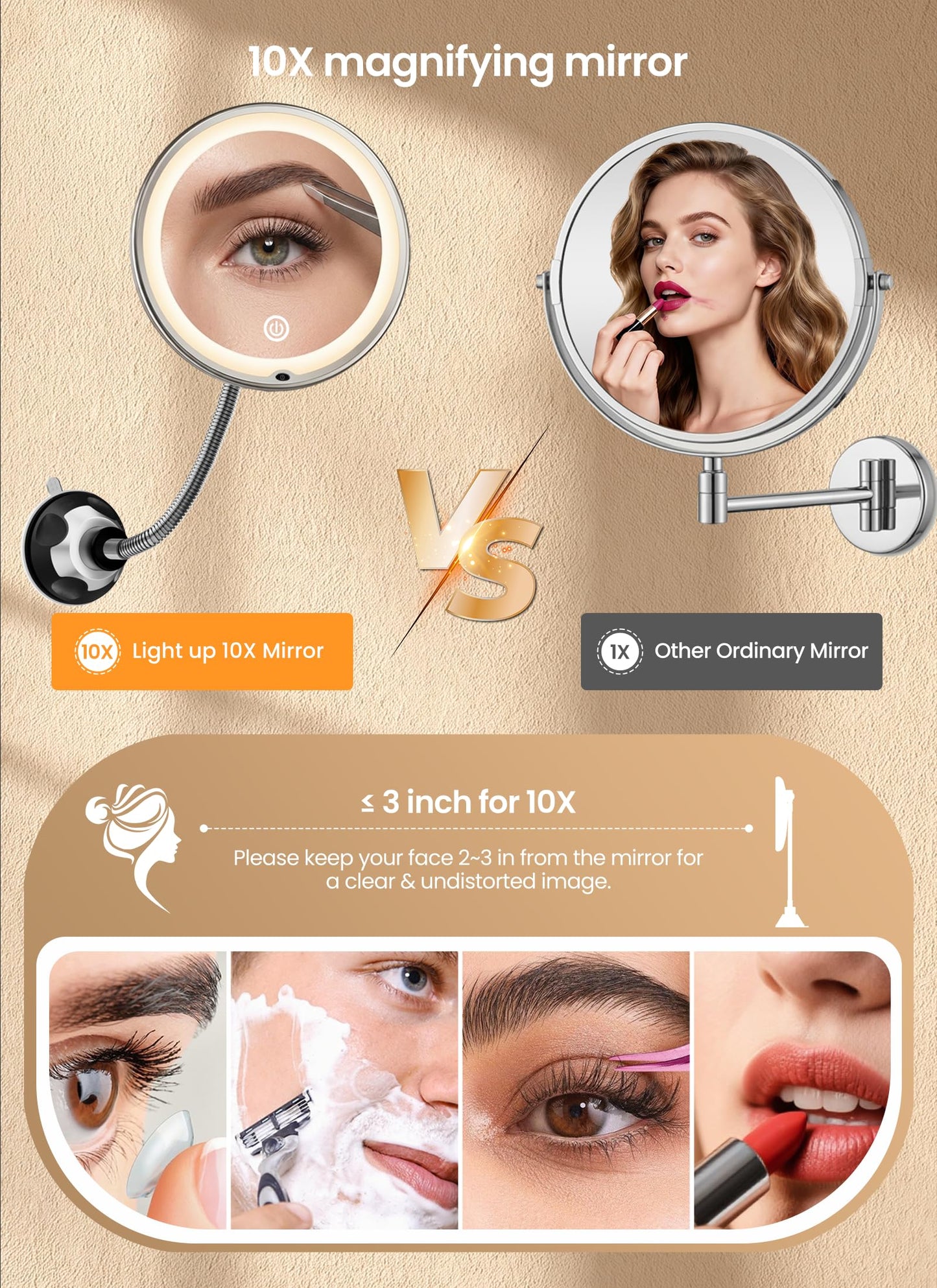 Brightown 10x Makeup Mirror with Lights and Magnification,Flexible Gooseneck Magnifying Mirror with 3 Lighting and Adjustable Brightness,Battery Operated with Suction Cup for Bathroom Bedroom, Black