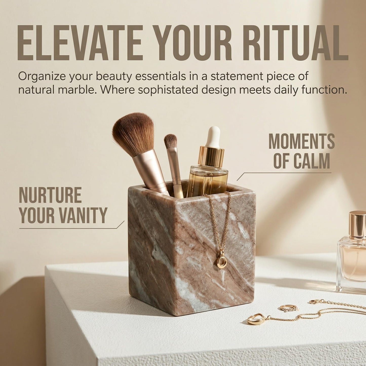 KEBTN Natural Marble Pen Holder, 2.95” x 3.74” Square Desk Organizer, Marble Toothbrush Holder, Makeup Brush Holder, Decorative Storage Cup for Office Vanity Bathroom Kitchen Countertop, Brown