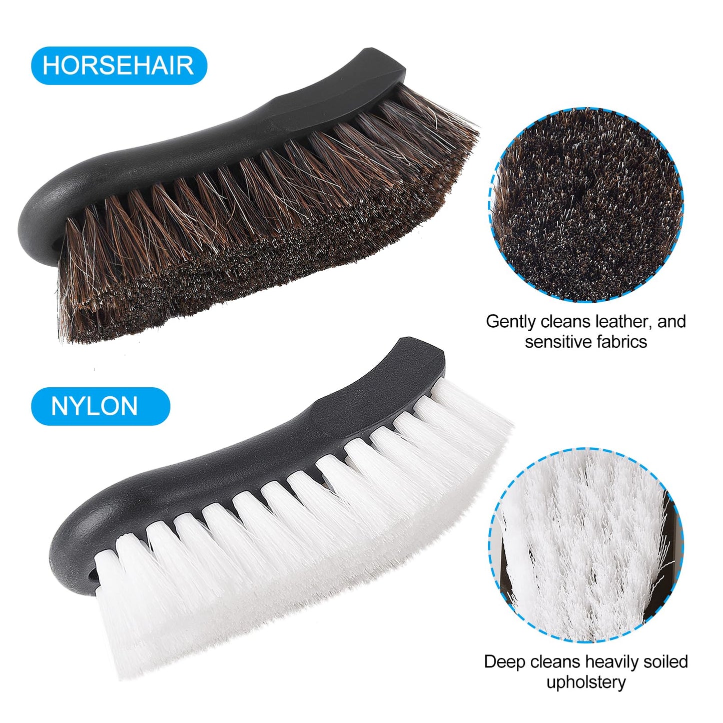 Wiojtry Upholstery Brush, Upholstery Brush Set, Leather Cleaning Brush, Carpet Brush Car Cleaning Brush, Long Bristle Horse Hair Car Cleaning Brush for Car Interior Leather Seat and Home Furniture