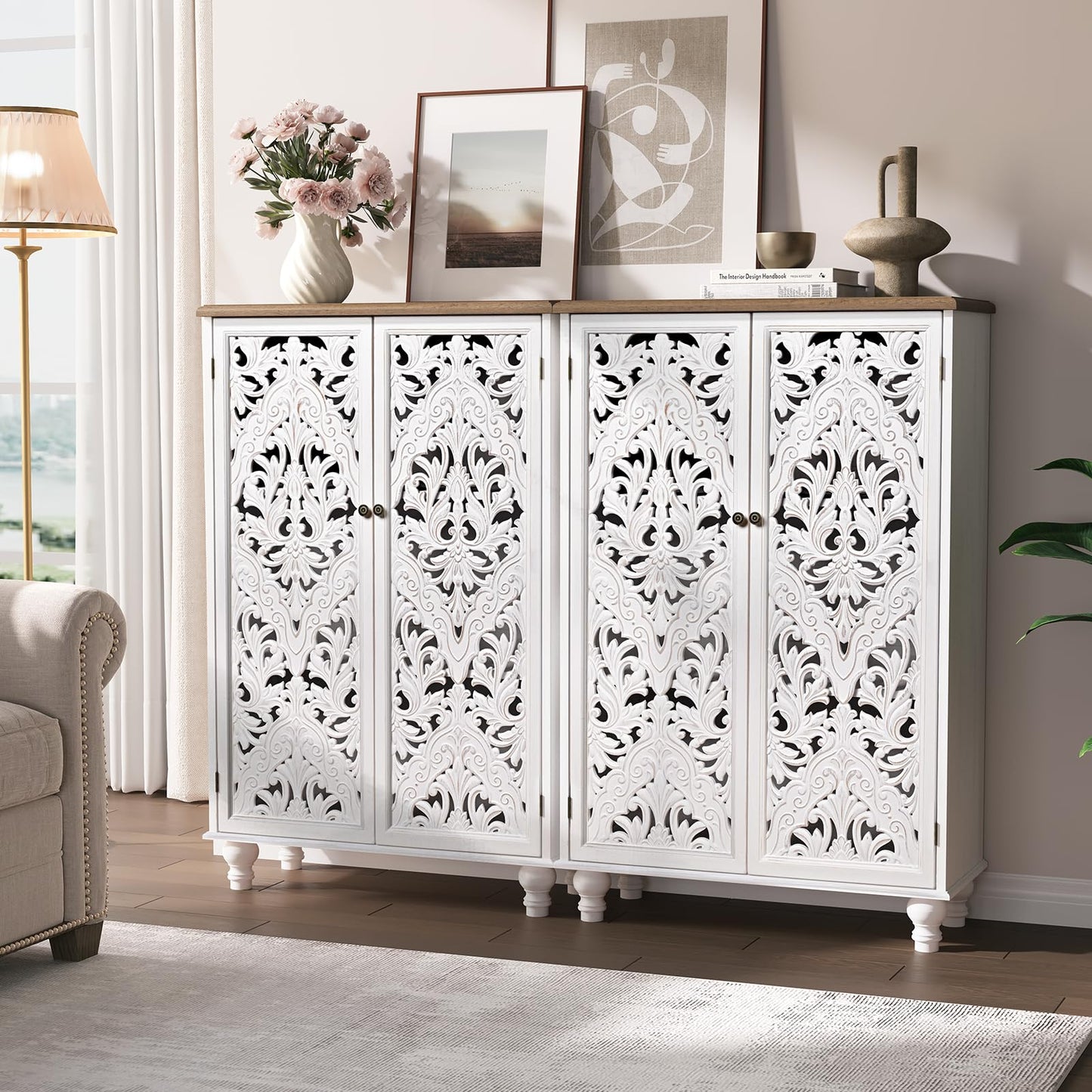 JOINICE 47" Tall Accent Cabinet with Carved Doors & Storage for Living Room,White Cabinet with Solid Wood Legs & 100lbs Capacity, Farmhouse/Rustic/Boho Style for Dining Room, Bedroom, Hallway, Study