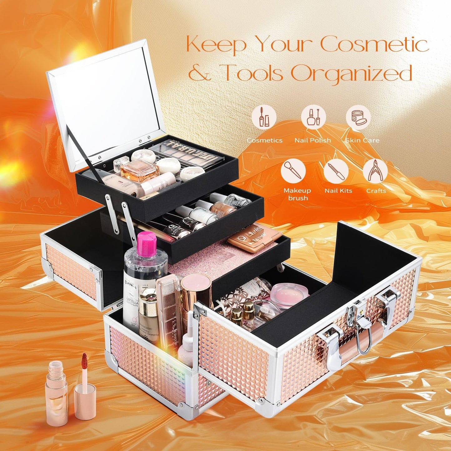 Joligrace Dazzle Gold Makeup Train Case, 3-Tier Makeup Box Organizer and Portable Makeup Organizer Box, Hard Makeup Case with Mirror and Lock, Professional Makeup Case for Women