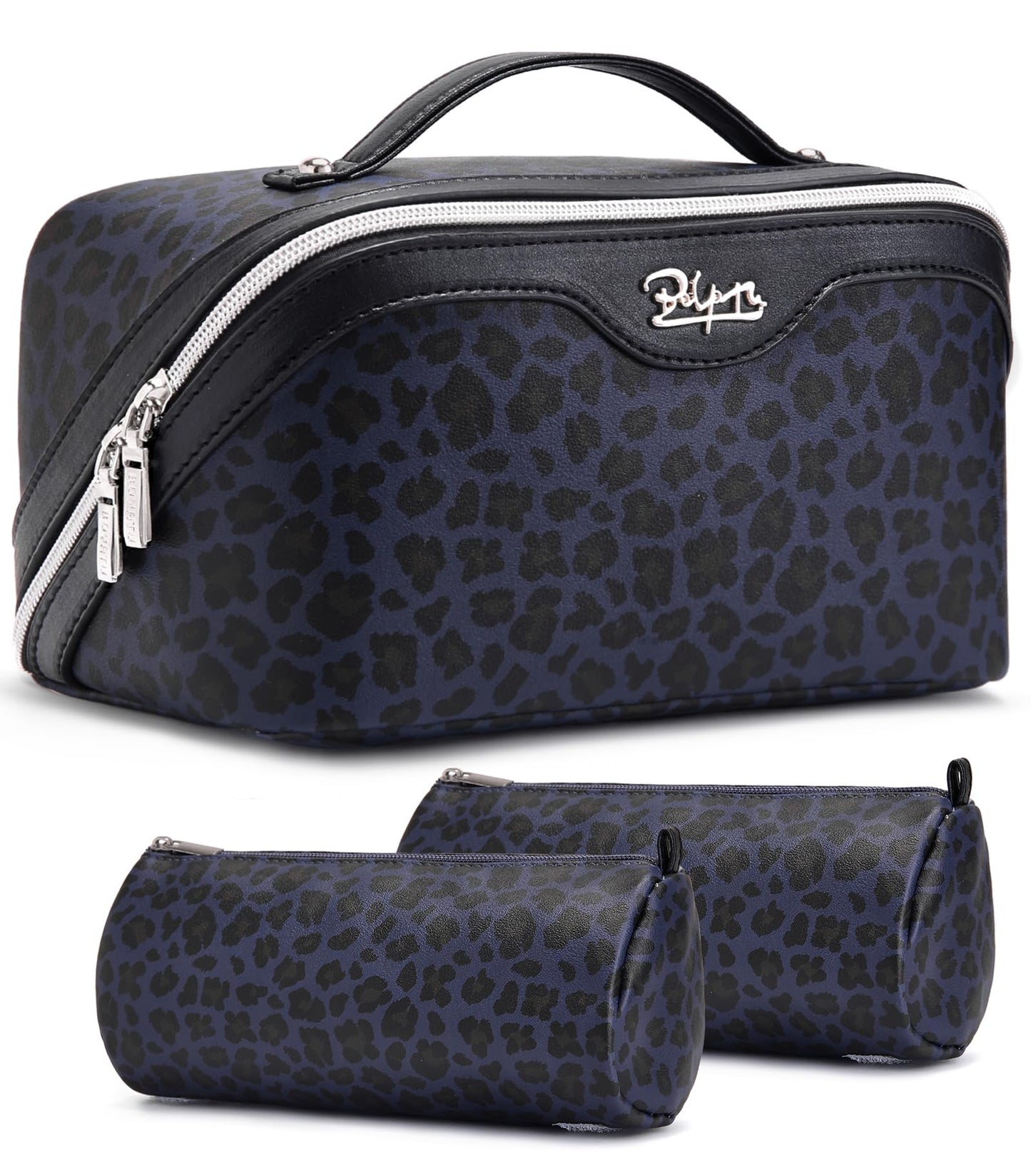BOYATU Travel Makeup Bags Cosmetic Organizer Bag: 3 Pcs Set Large Capacity Make up Bag with Compartments - Waterproof Leather Toiletry Bags with Handle for Women (B-Blue)