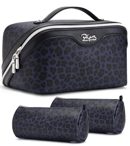 BOYATU Travel Makeup Bags Cosmetic Organizer Bag: 3 Pcs Set Large Capacity Make up Bag with Compartments - Waterproof Leather Toiletry Bags with Handle for Women (B-Blue)