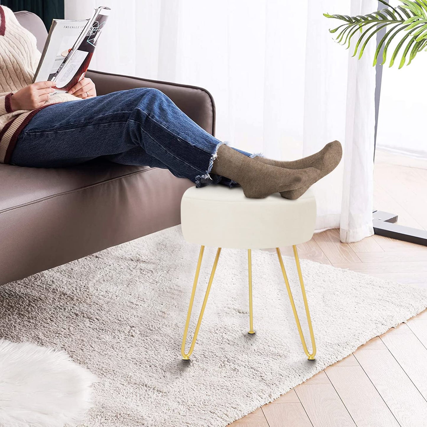 GERANT Multifunctional Vanity Stools - Velvet Round Ottoman Modern Dressing Stool -Upholstered Footrest Stool - Side Table Footstool with Golden Metal Leg for Living Room, Bedroom(Beige)