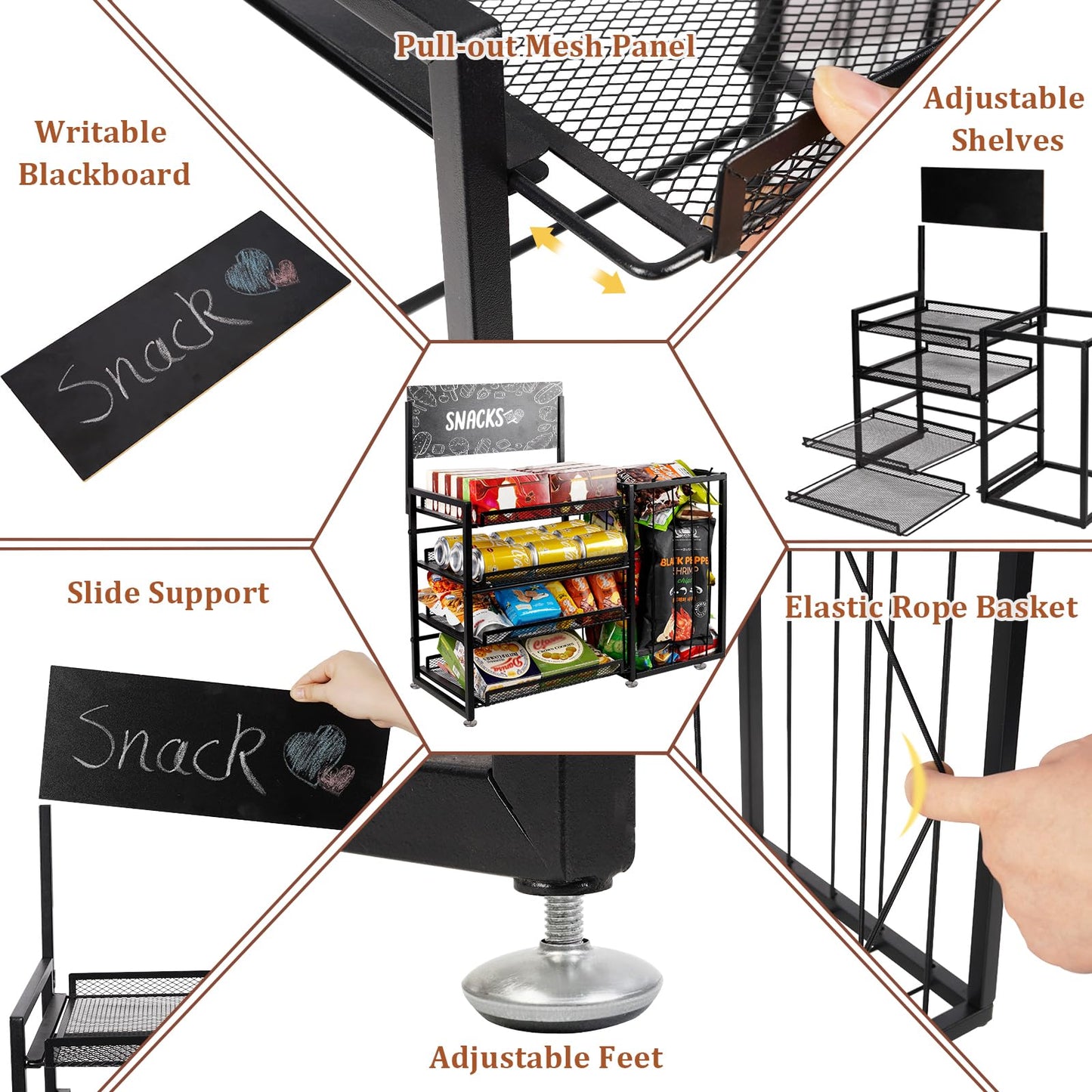 Bfttlity 4-Tier Snack Organizer for Countertop, Metal Candy Display Rack with Pull-Out Shelf, Chips Snack Display Holder for Counter with Baskets Frame for Kitchen Office Store Retail Display
